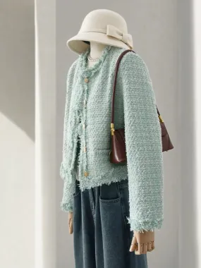 4U4U 2024 early spring new mint green tweed short coat women's raw edge high-end single-breasted top