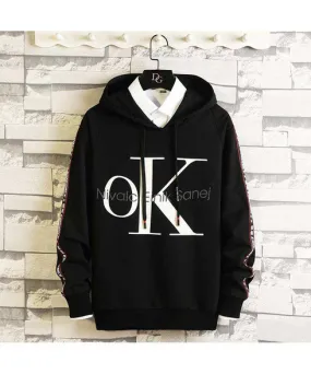 Black OK letter pattern print pull over hoodies