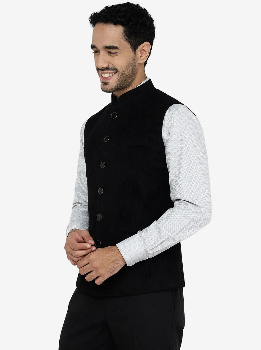 Black Solid Regular Fit Bandhgala Jacket | Greenfibre