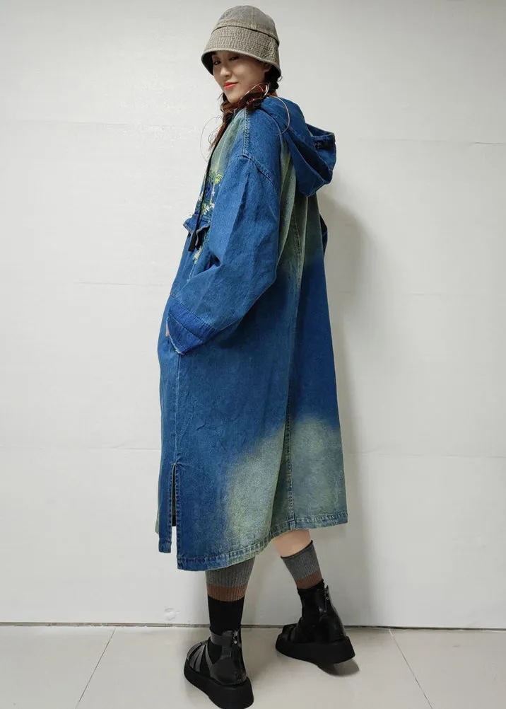 Blue Button Pockets Denim Trench Coat Embroidered Long Sleeve