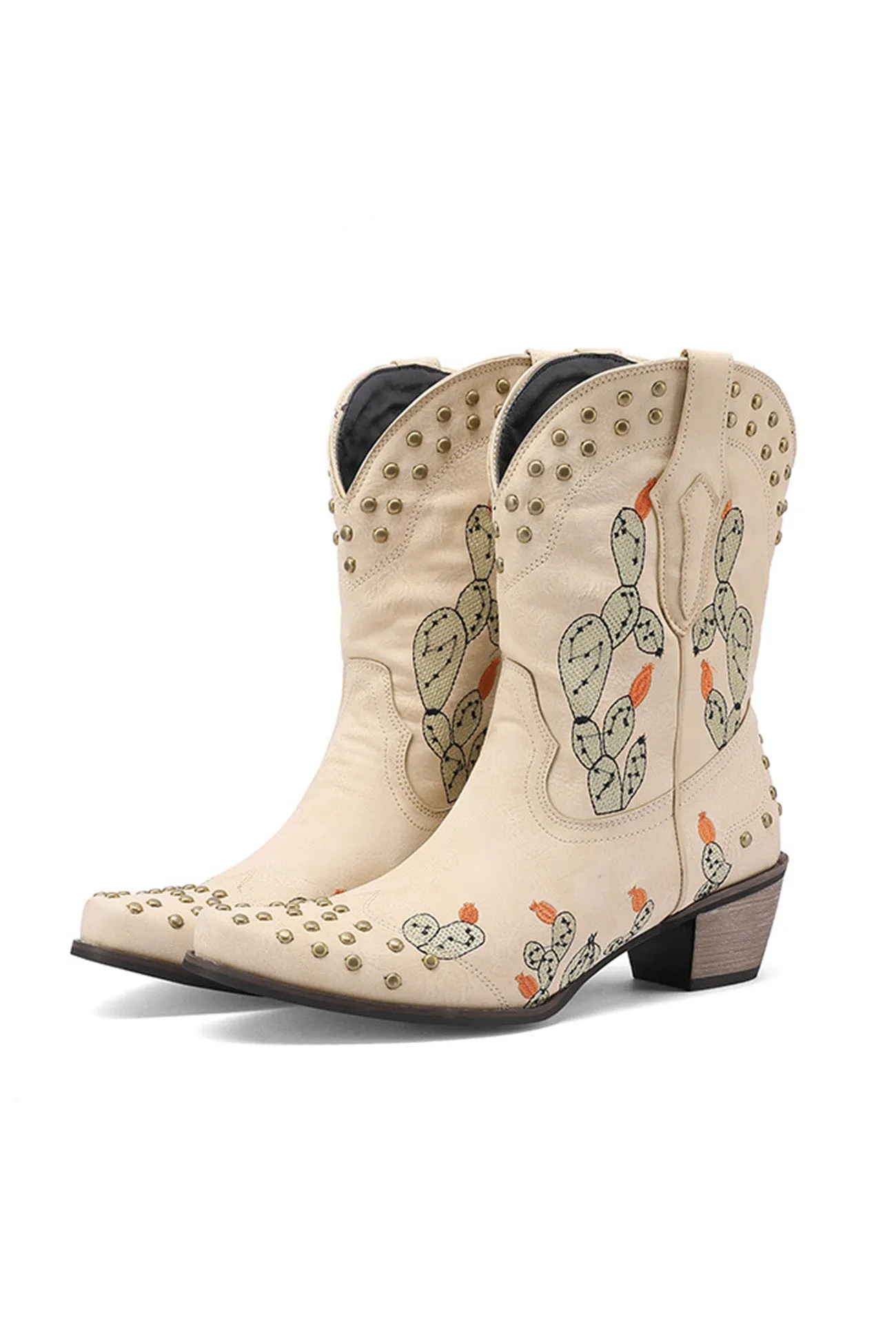 Cactus Embroidery Studded Mid-Calf Boots