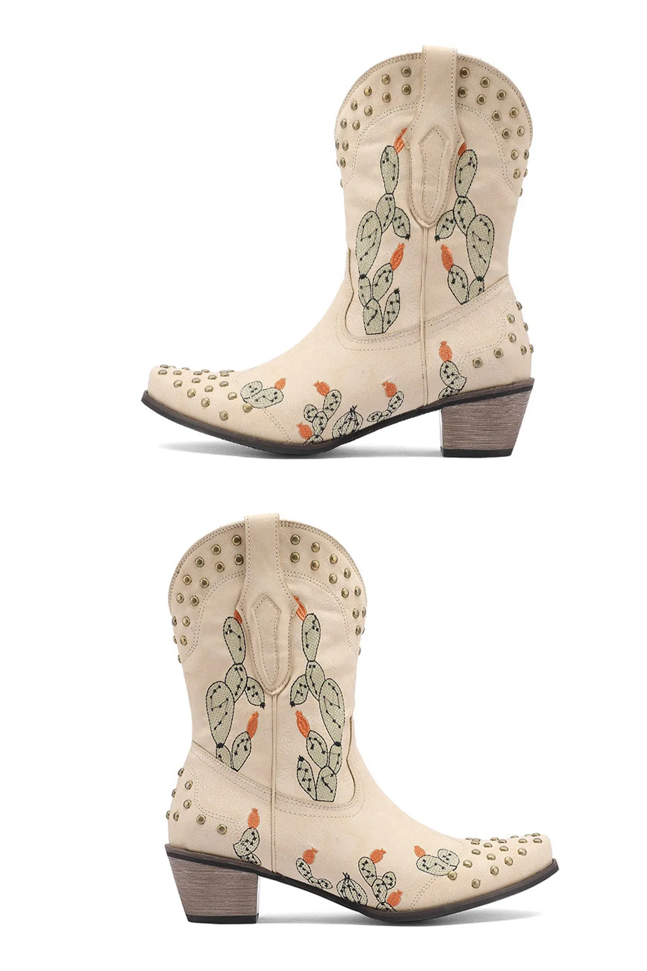 Cactus Embroidery Studded Mid-Calf Boots