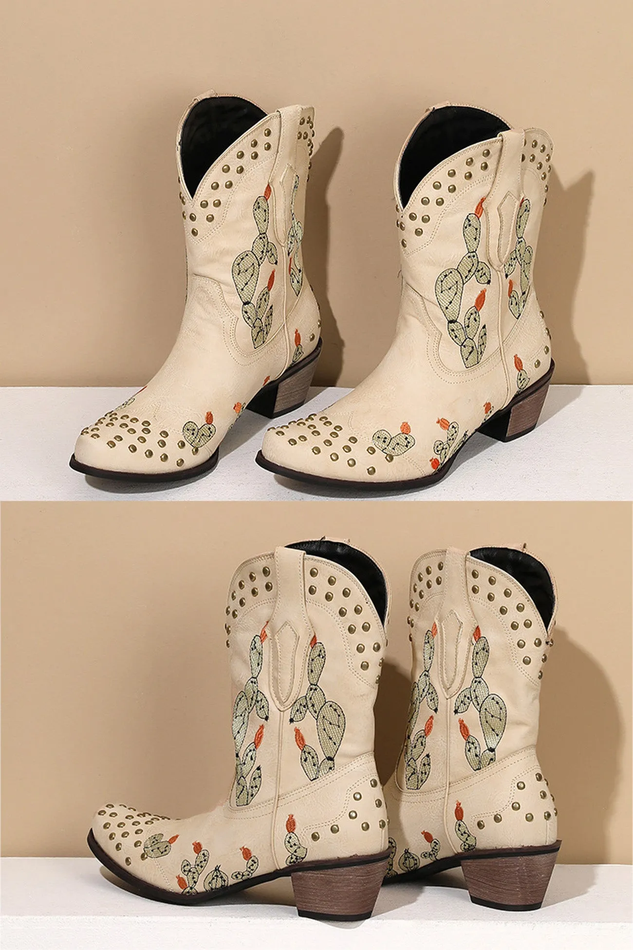 Cactus Embroidery Studded Mid-Calf Boots