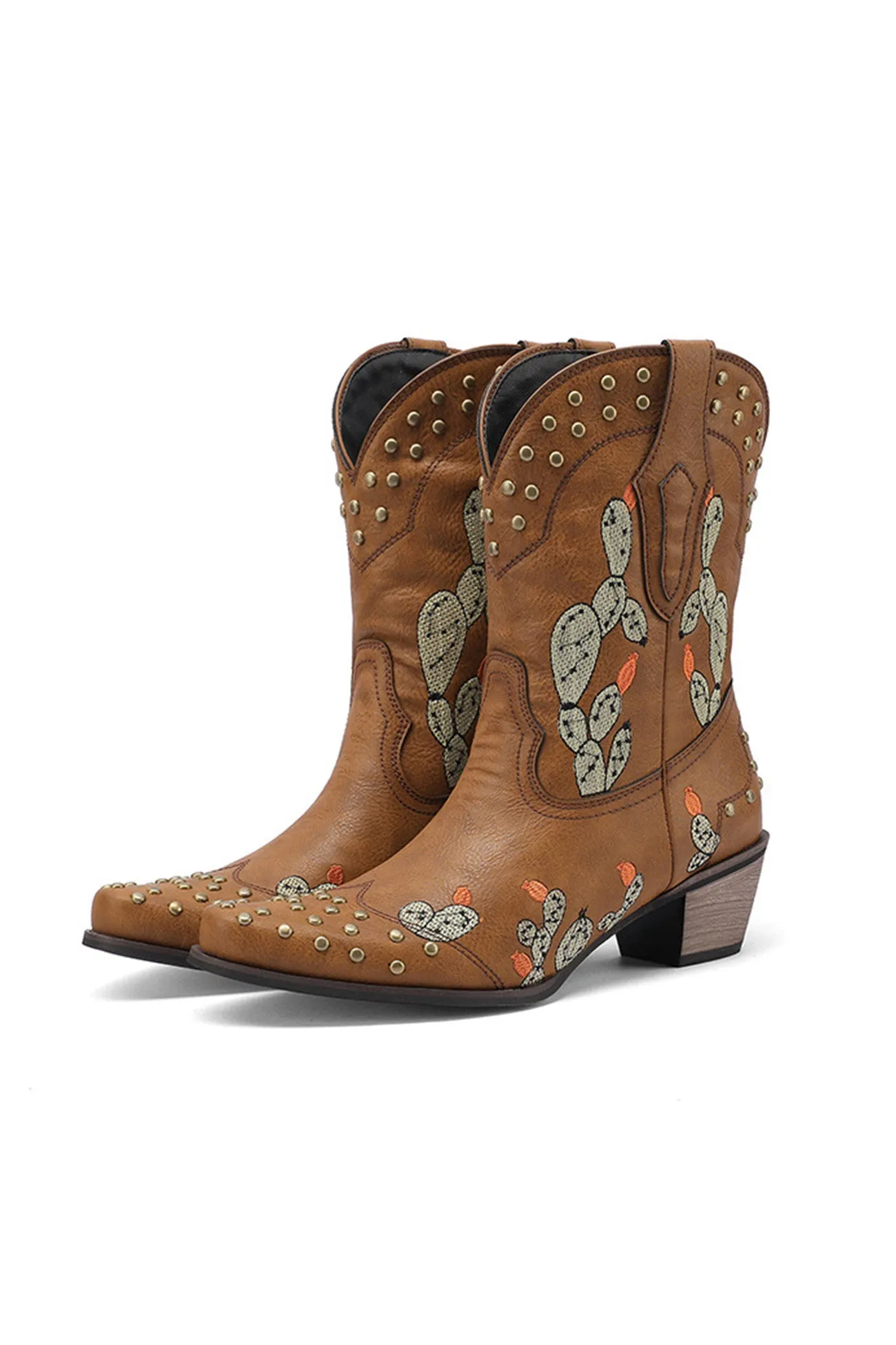 Cactus Embroidery Studded Mid-Calf Boots