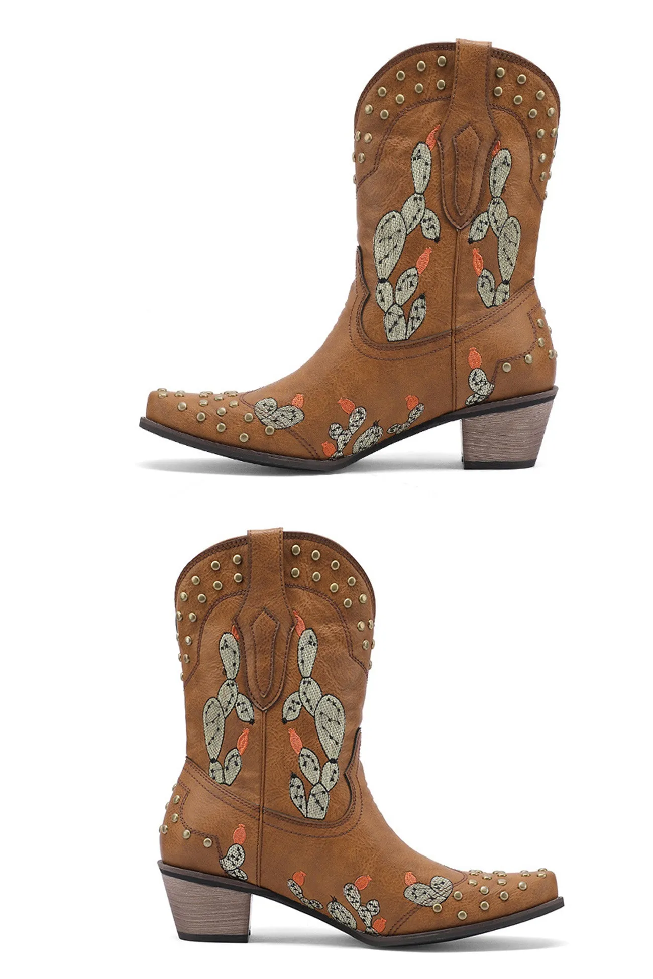 Cactus Embroidery Studded Mid-Calf Boots