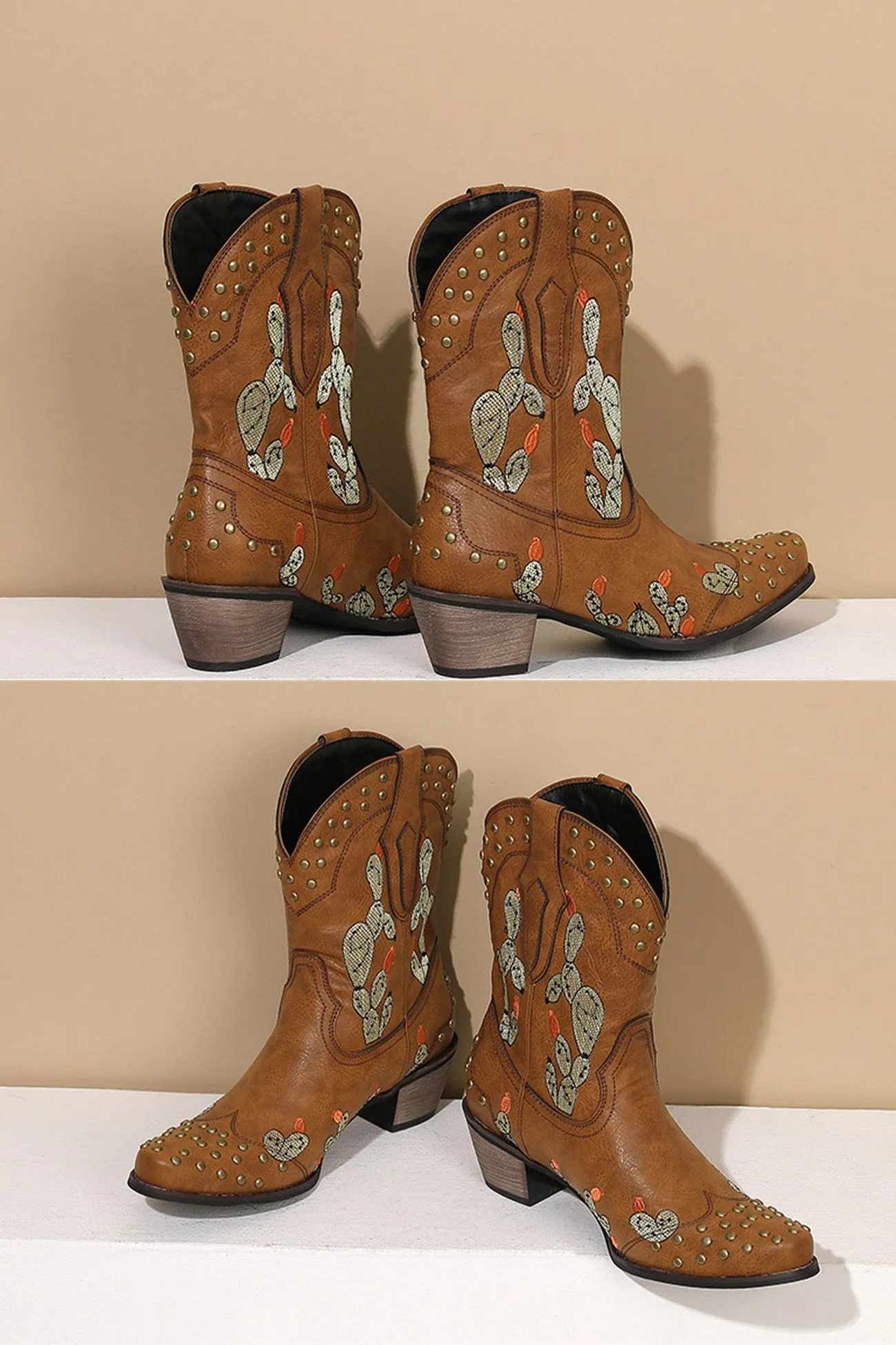 Cactus Embroidery Studded Mid-Calf Boots