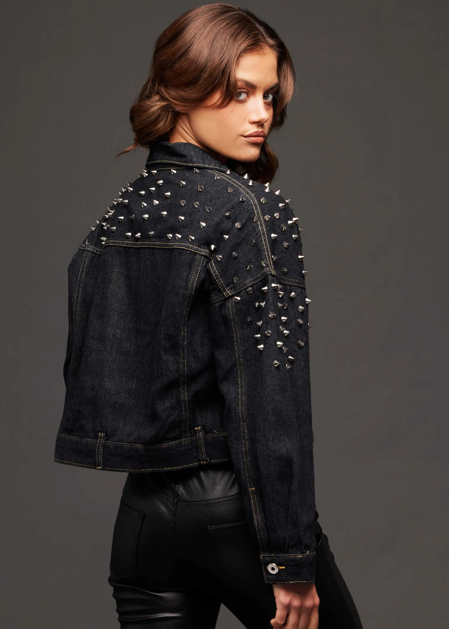 Cropped Black Denim Jacket with Studs