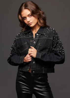 Cropped Black Denim Jacket with Studs