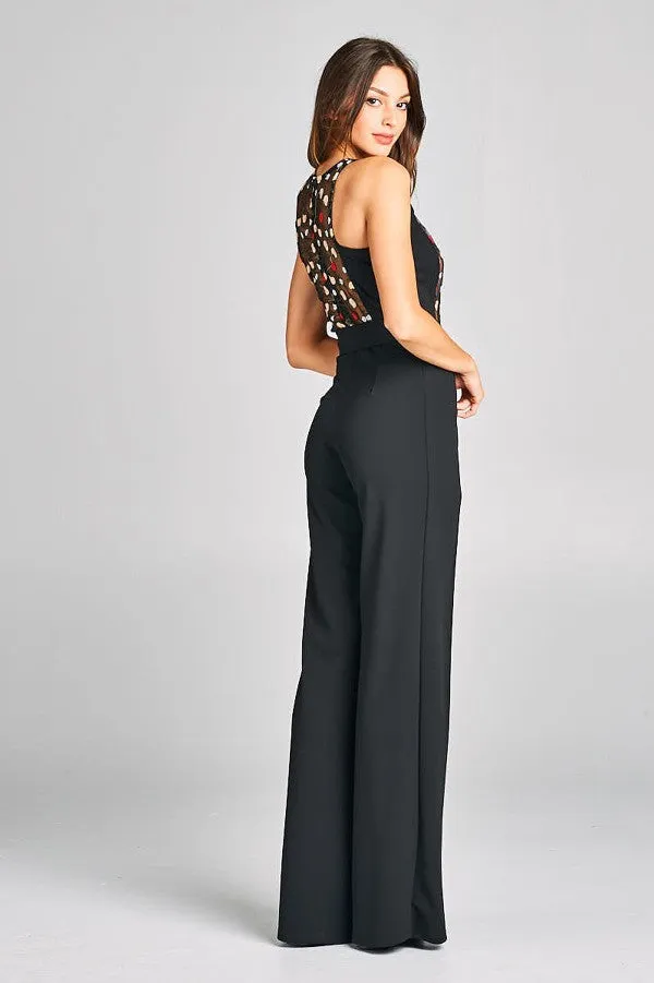 Embroidered Lace Top Jumpsuit With Belt Detail