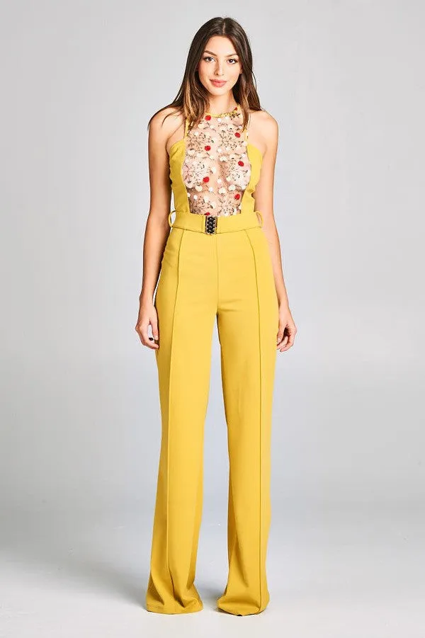 Embroidered Lace Top Jumpsuit With Belt Detail