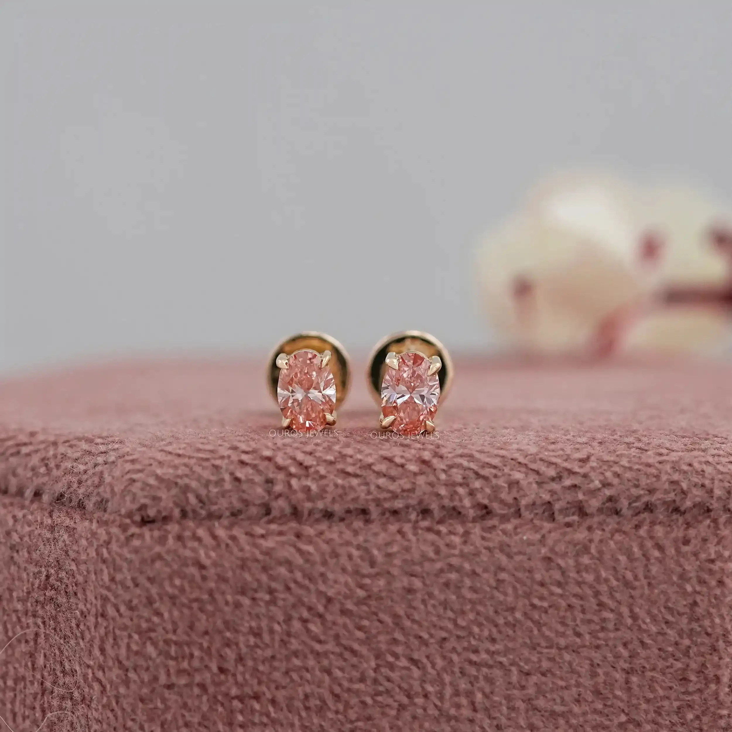 Fancy Pink Stud Earrings, 14K Yellow Gold Oval Stud