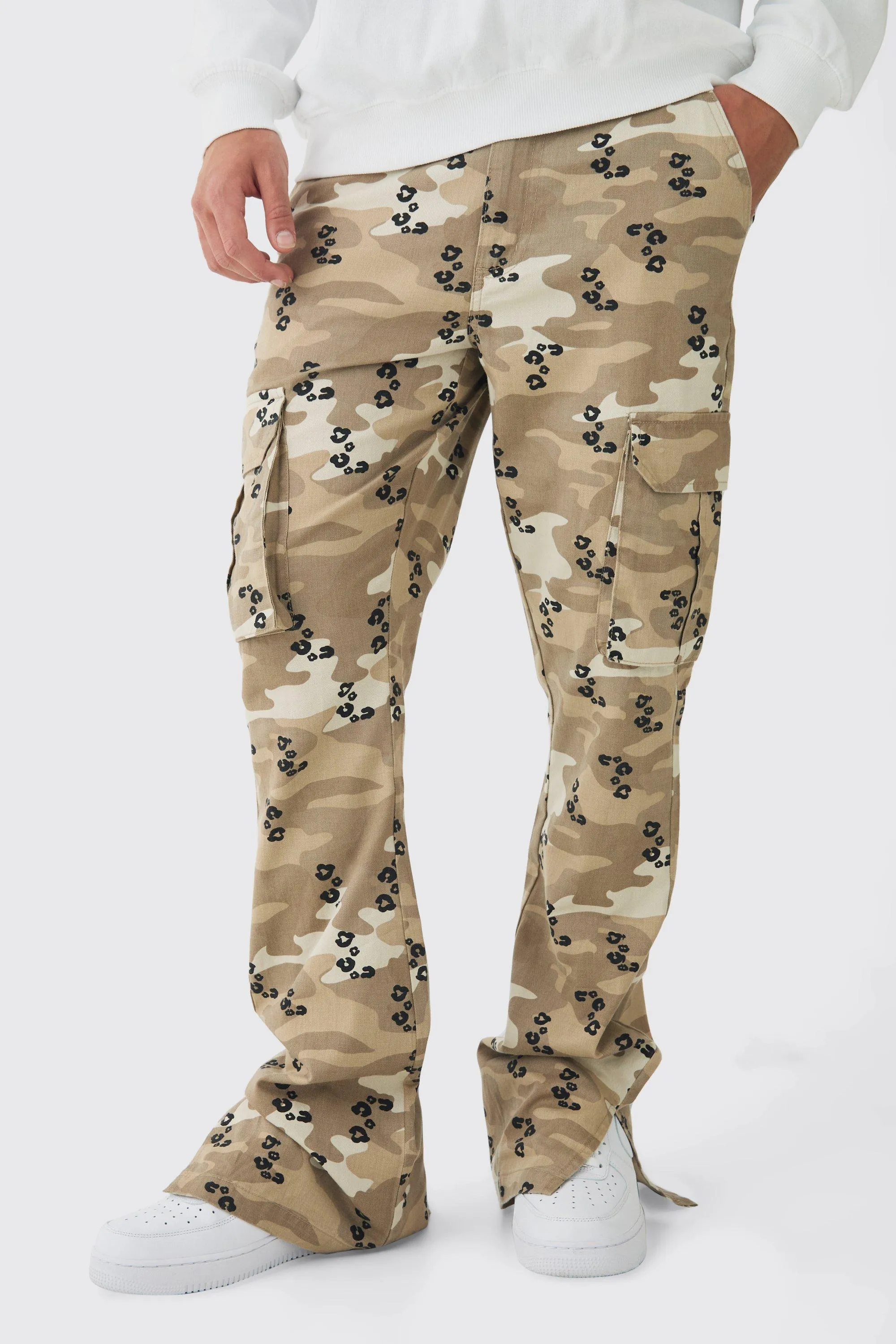 Fixed Waist Slim Flare Stacked Camo Leopard Cargo Trousers