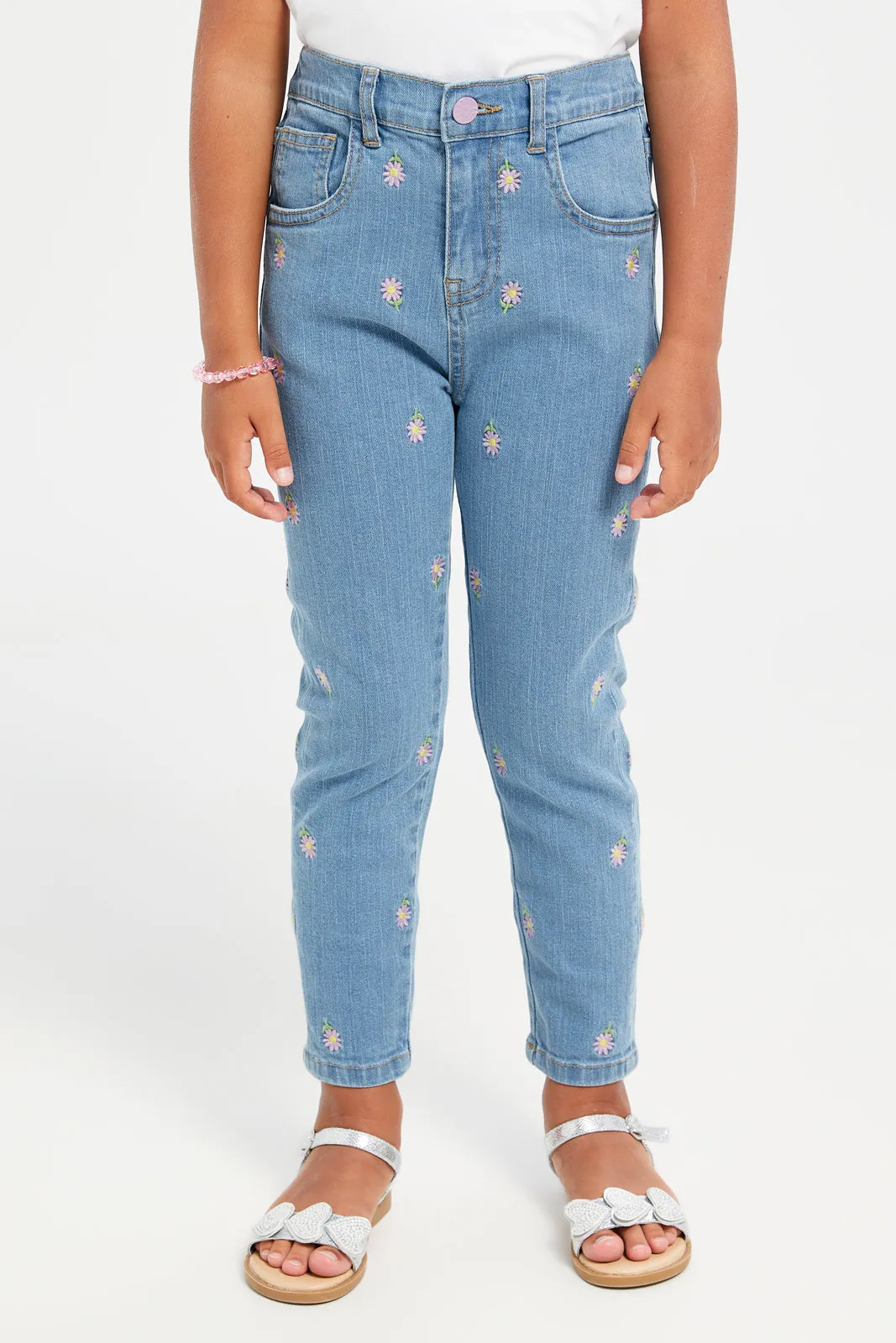 Girls Blue  Boyfriend Fit Embroidered Jeans