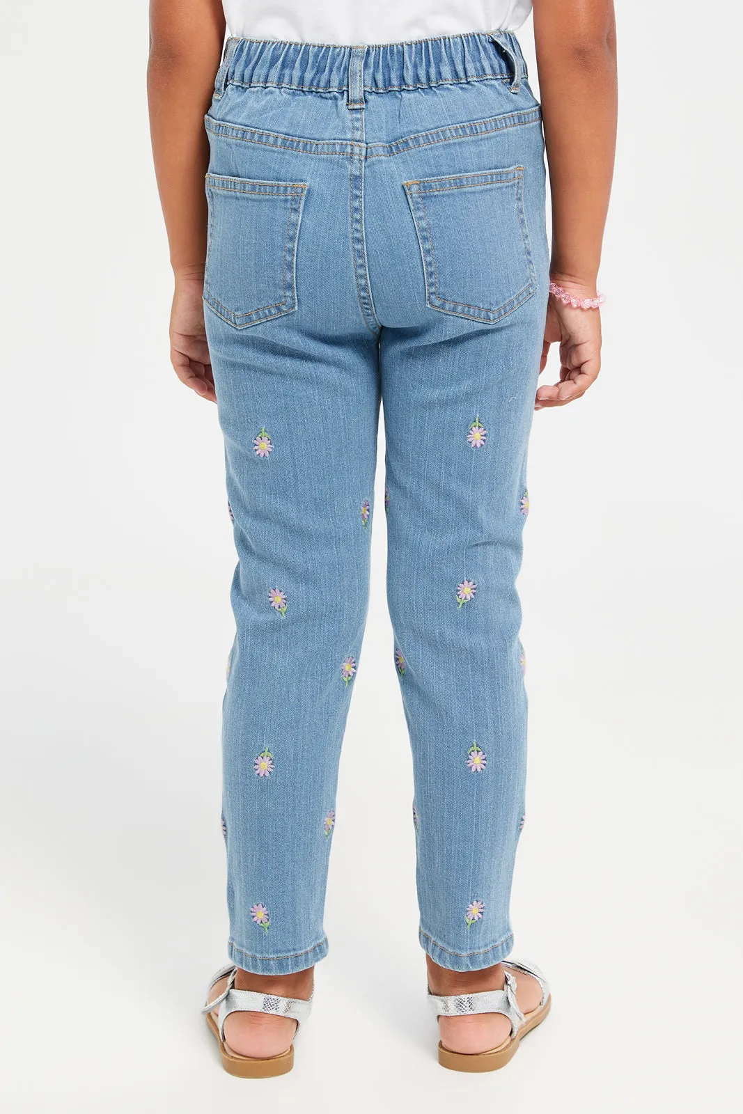 Girls Blue  Boyfriend Fit Embroidered Jeans