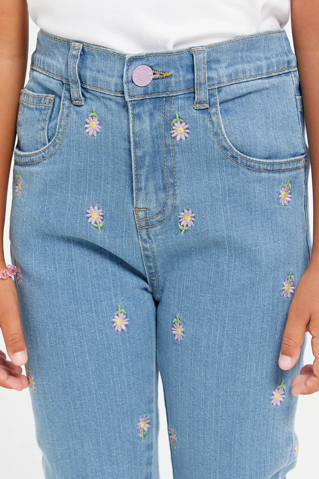 Girls Blue  Boyfriend Fit Embroidered Jeans