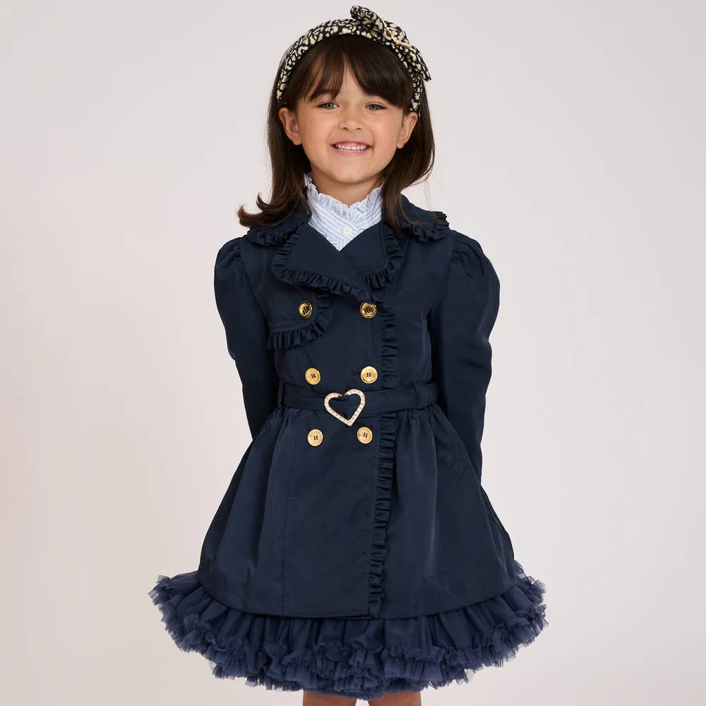 Girls Navy Blue Ruffle Trench Coat