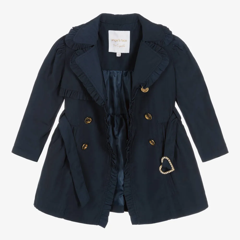 Girls Navy Blue Ruffle Trench Coat