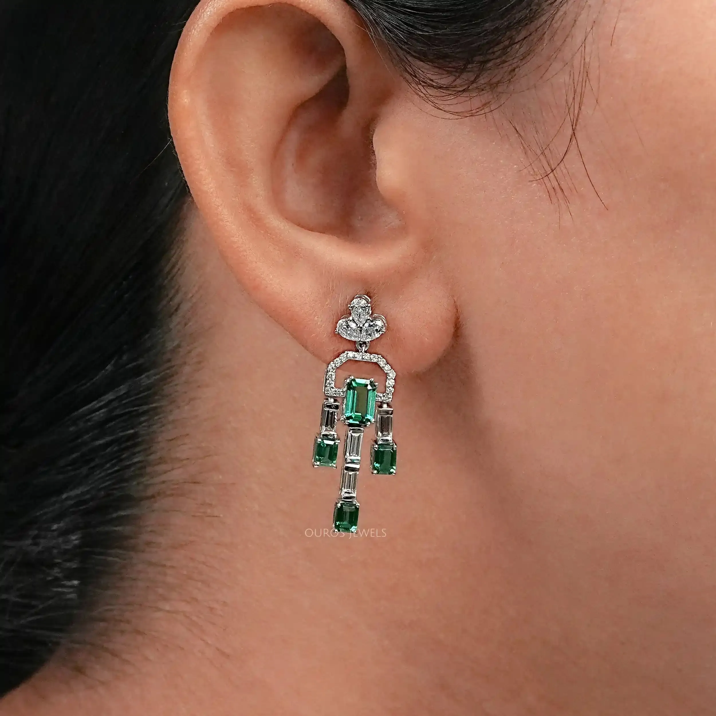 Green Emerald And Diamond Linear Drop Earrings