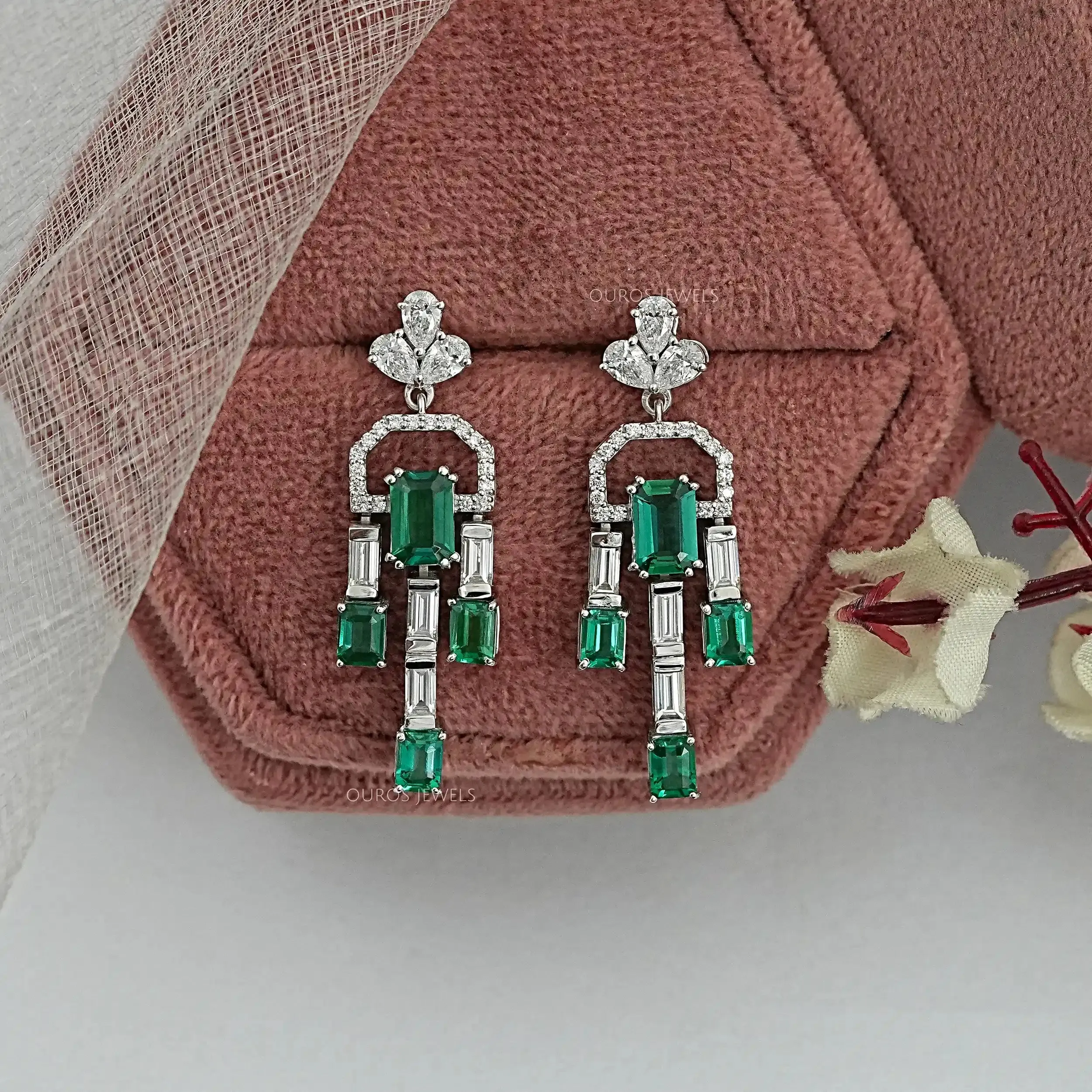 Green Emerald And Diamond Linear Drop Earrings