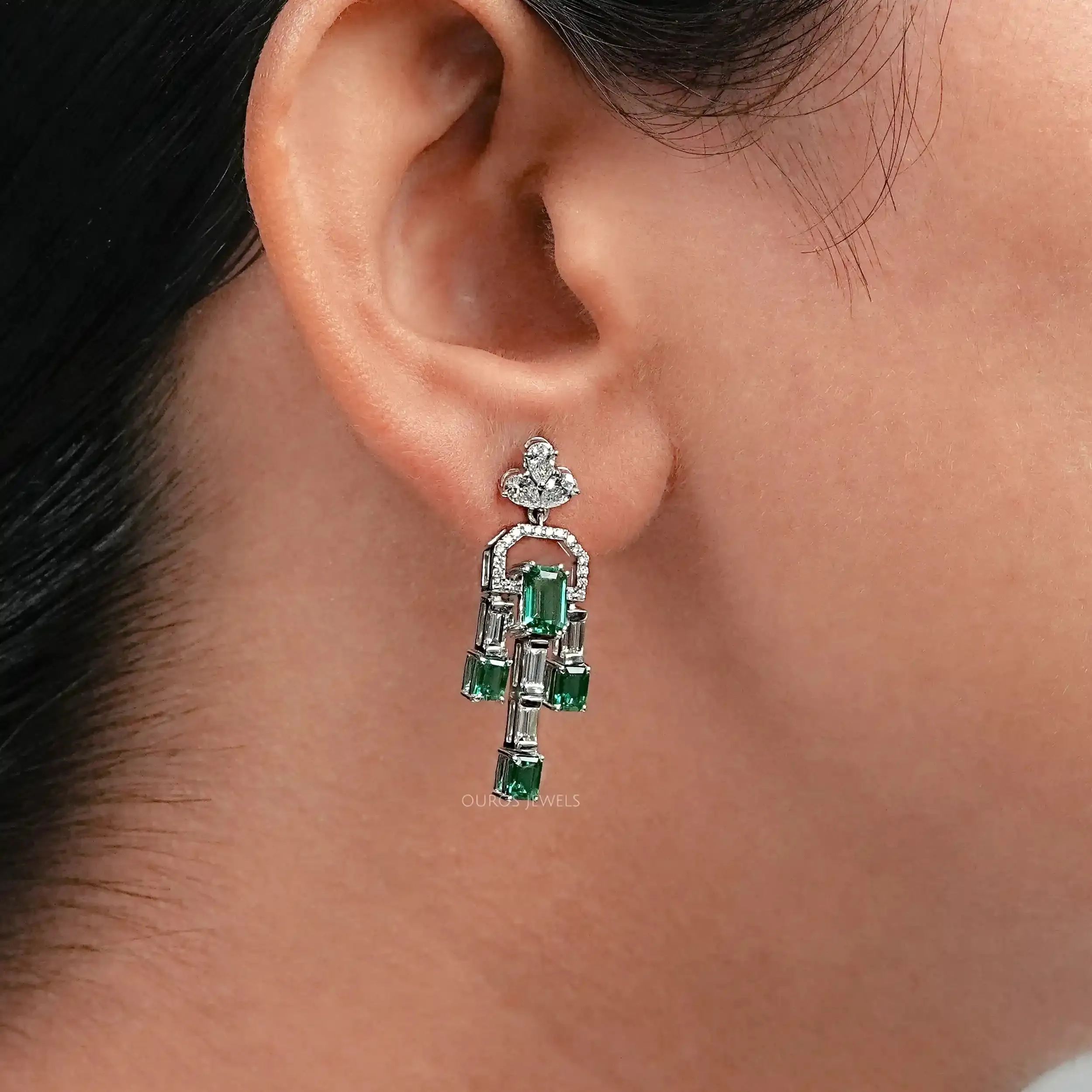 Green Emerald And Diamond Linear Drop Earrings