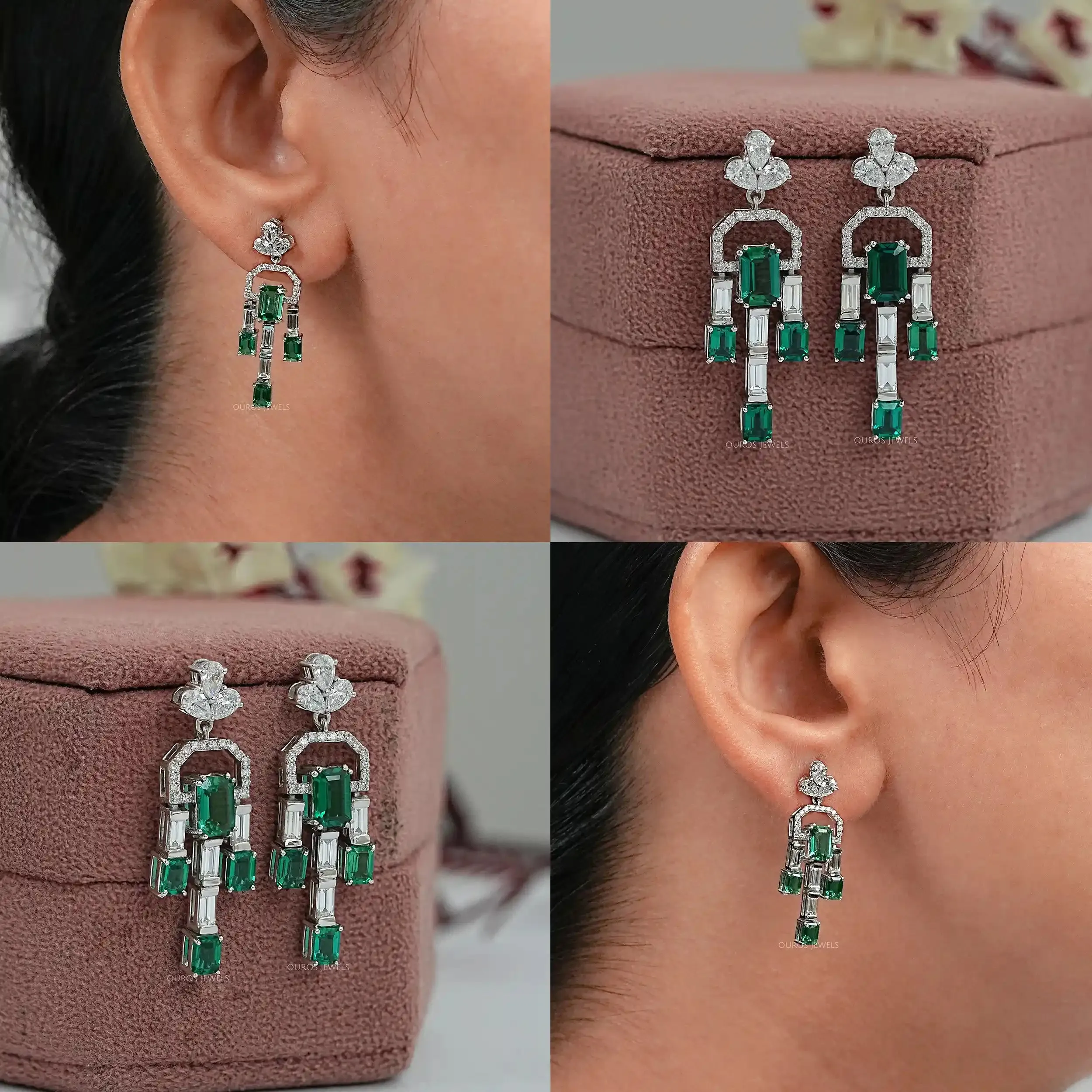 Green Emerald And Diamond Linear Drop Earrings