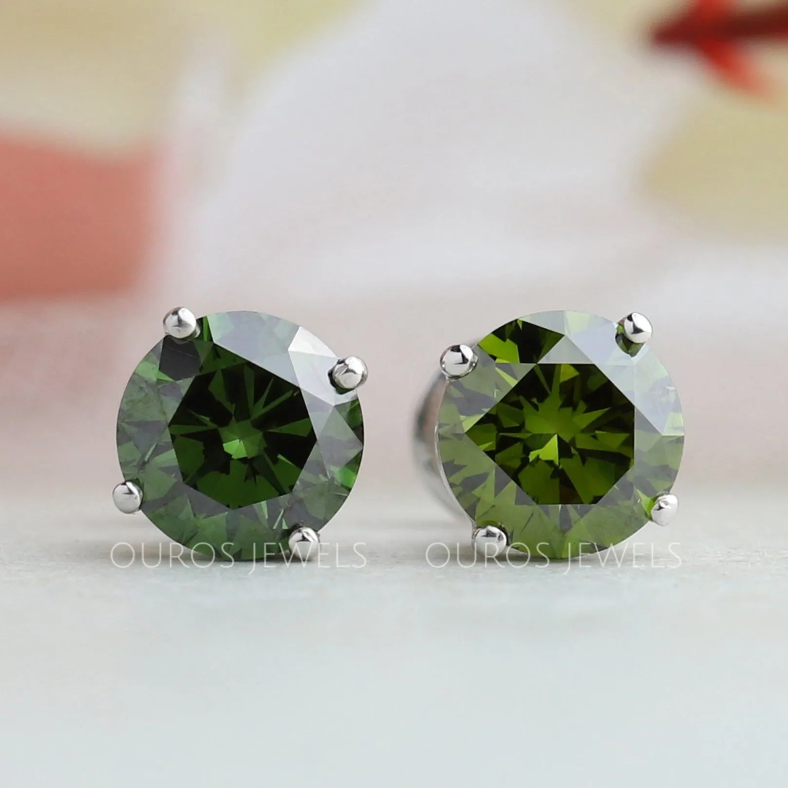 Green Round Cut Lab Diamond Stud Earrings