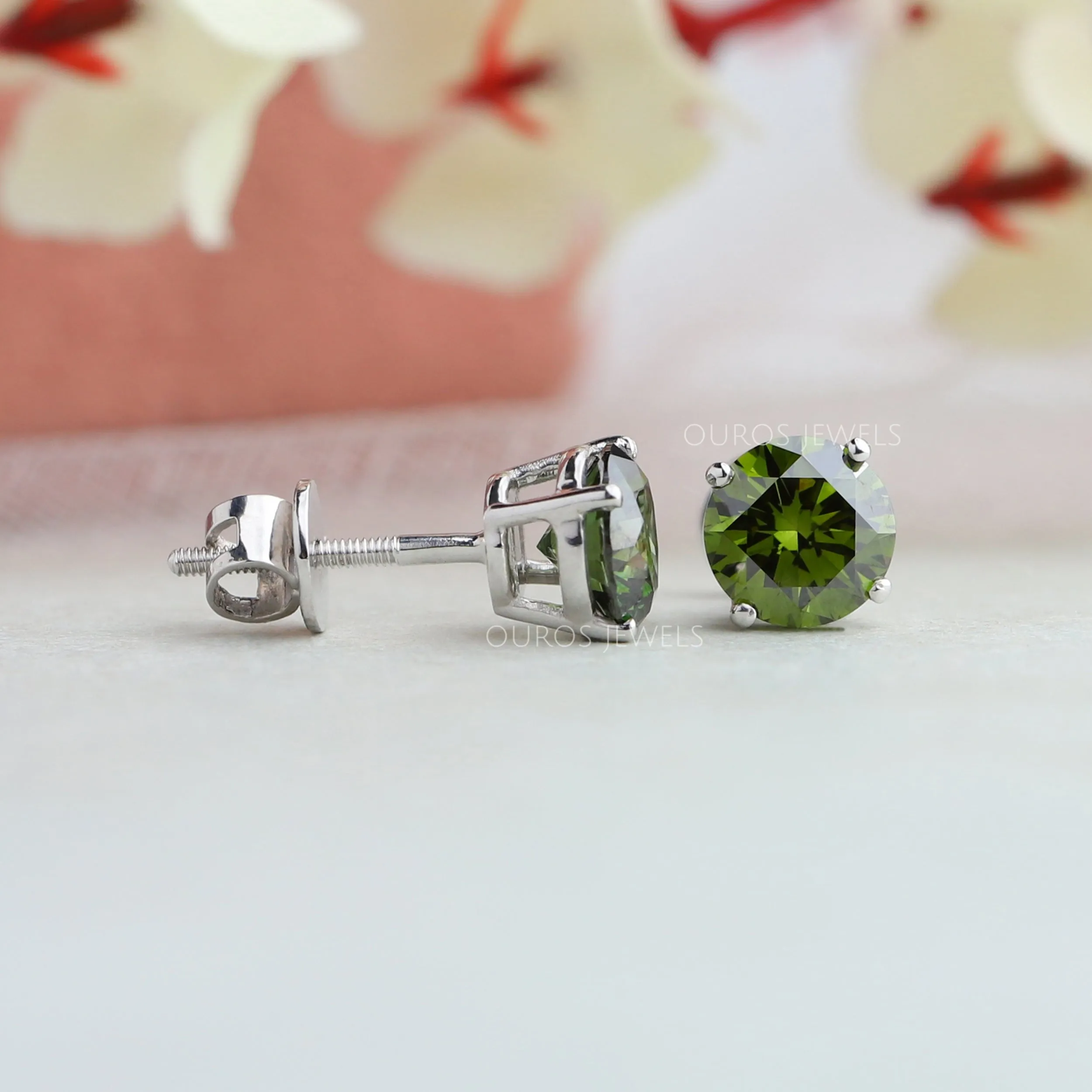 Green Round Cut Lab Diamond Stud Earrings