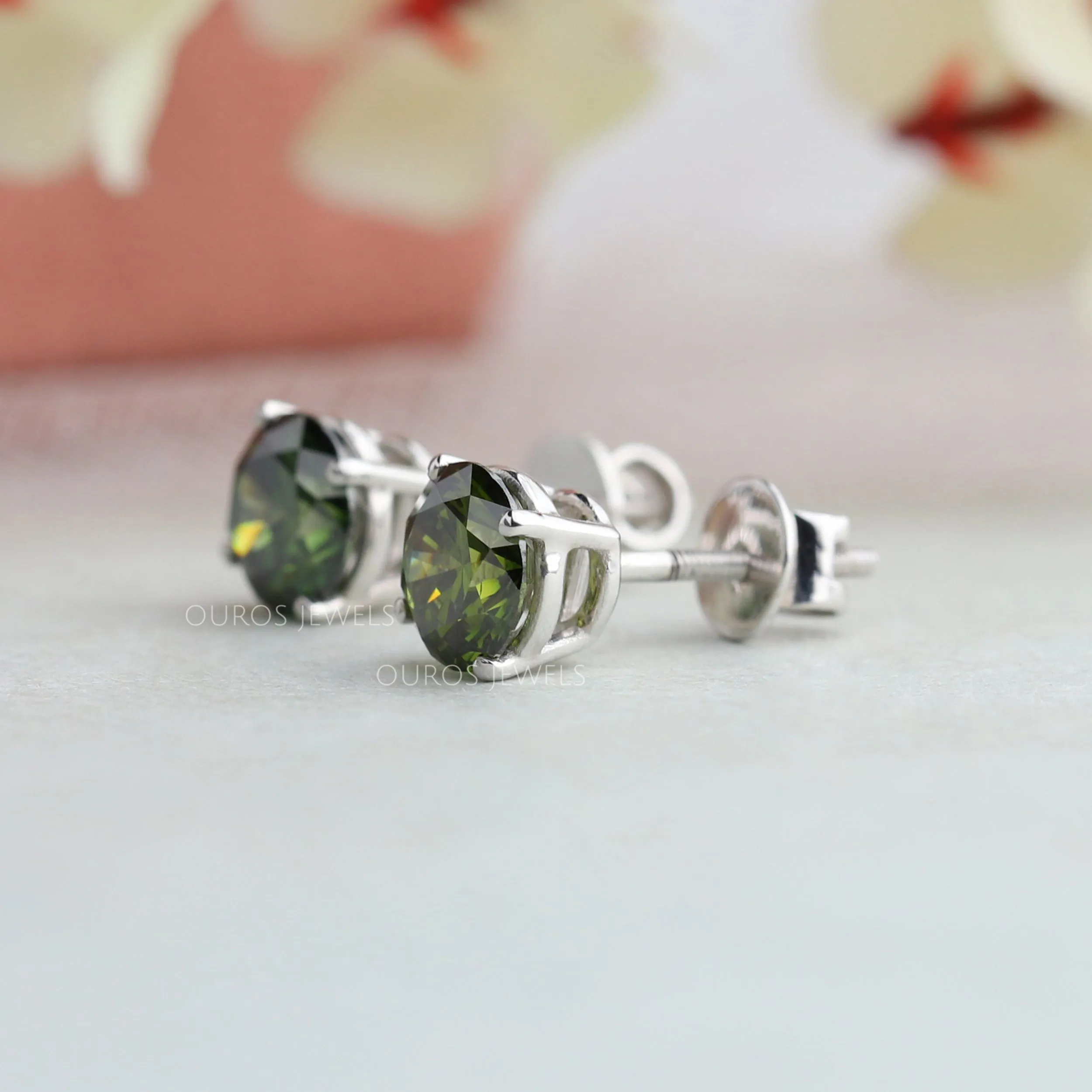 Green Round Cut Lab Diamond Stud Earrings