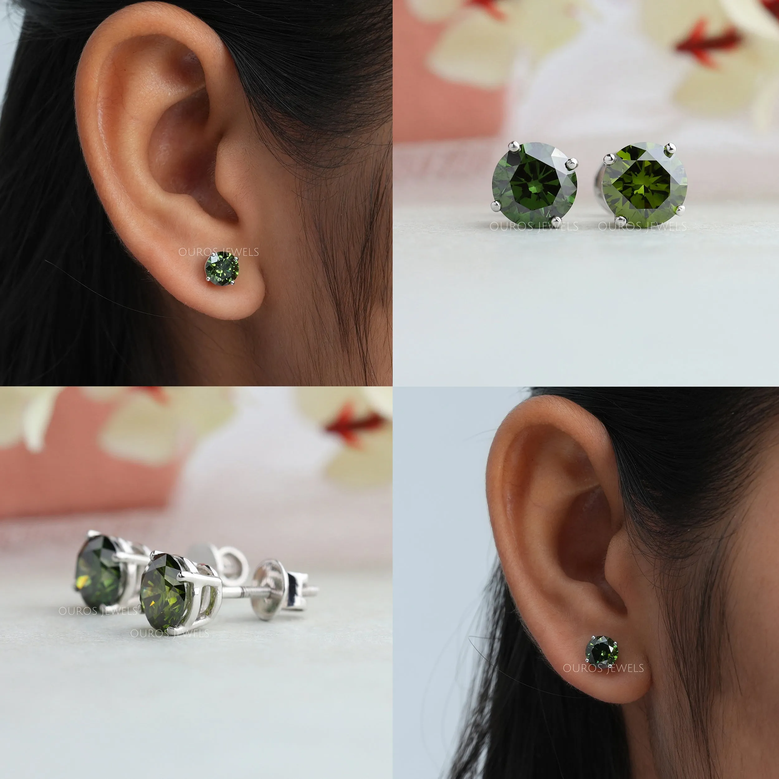 Green Round Cut Lab Diamond Stud Earrings