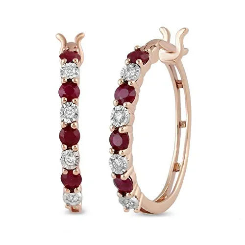 Jewelili 10K Rose Gold with Natural Ruby and Natural White Diamonds Hoop Earrings