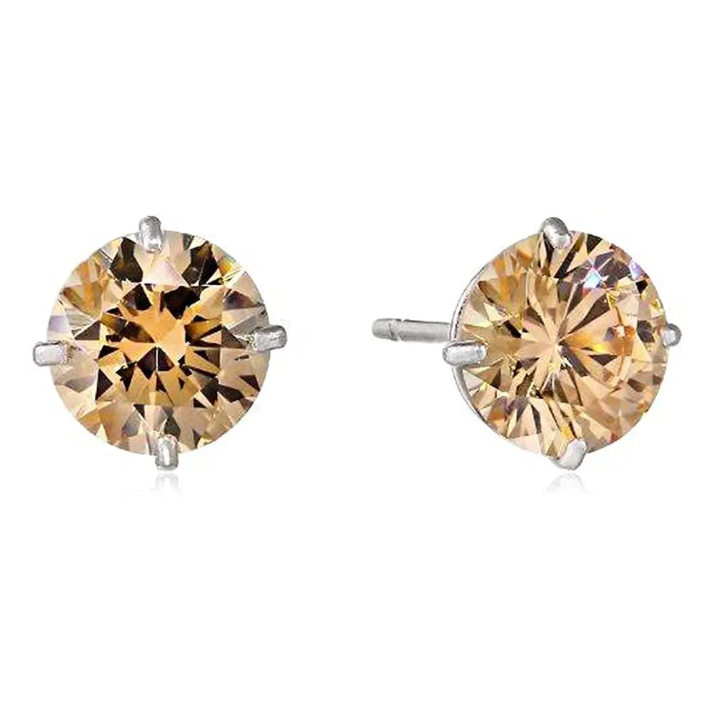 Jewelili 10K White Gold with Champagne Cubic Zirconia Stud Earrings