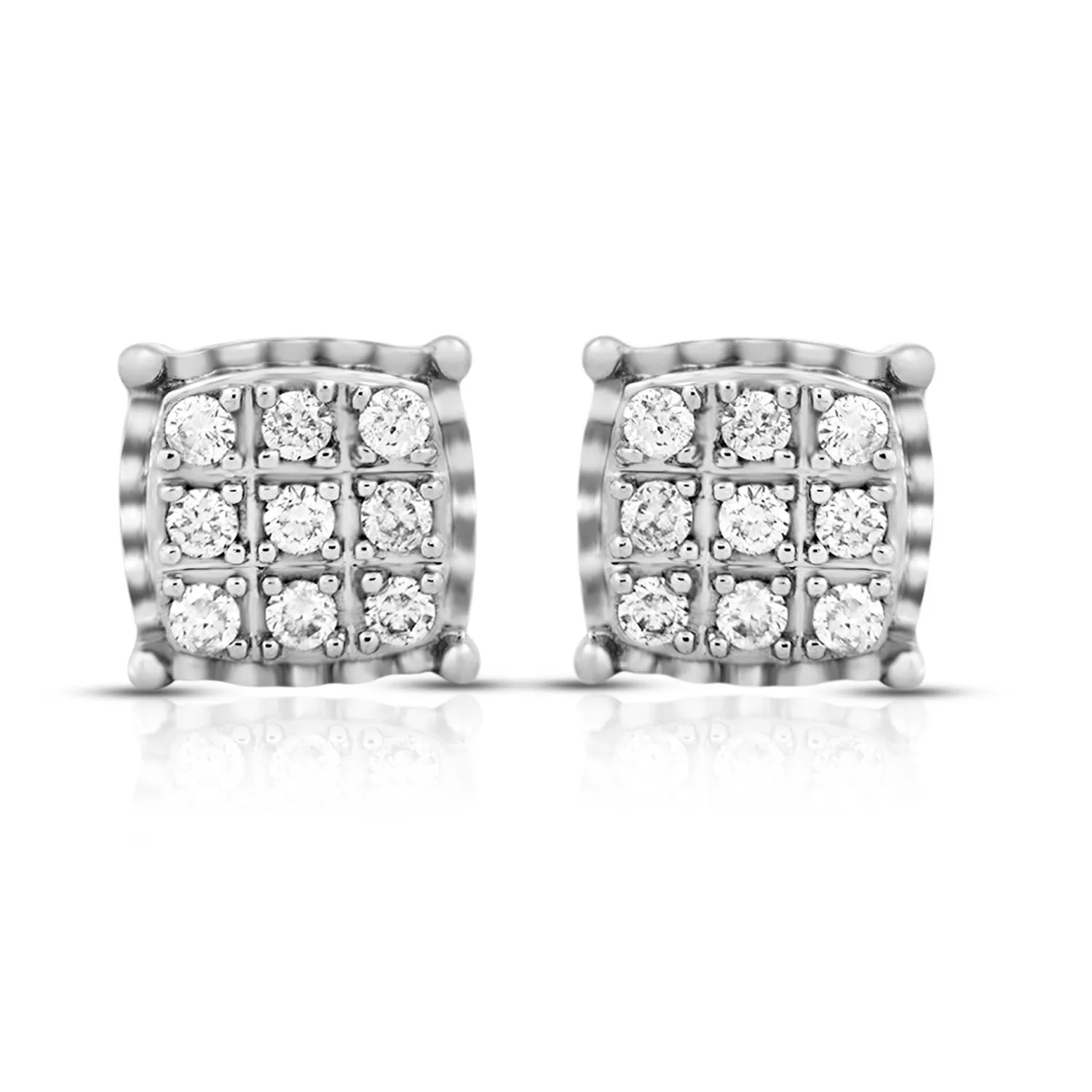 Jewelili 14K White Gold With 1/5 CTTW Natural White Round Diamonds Square Shape Miracle Plate Cluster Stud Earrings