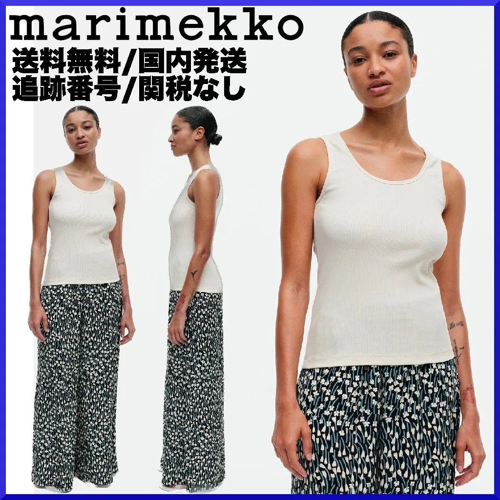 marimekko  |Crew Neck Flower Patterns Rib Plain Cotton Medium