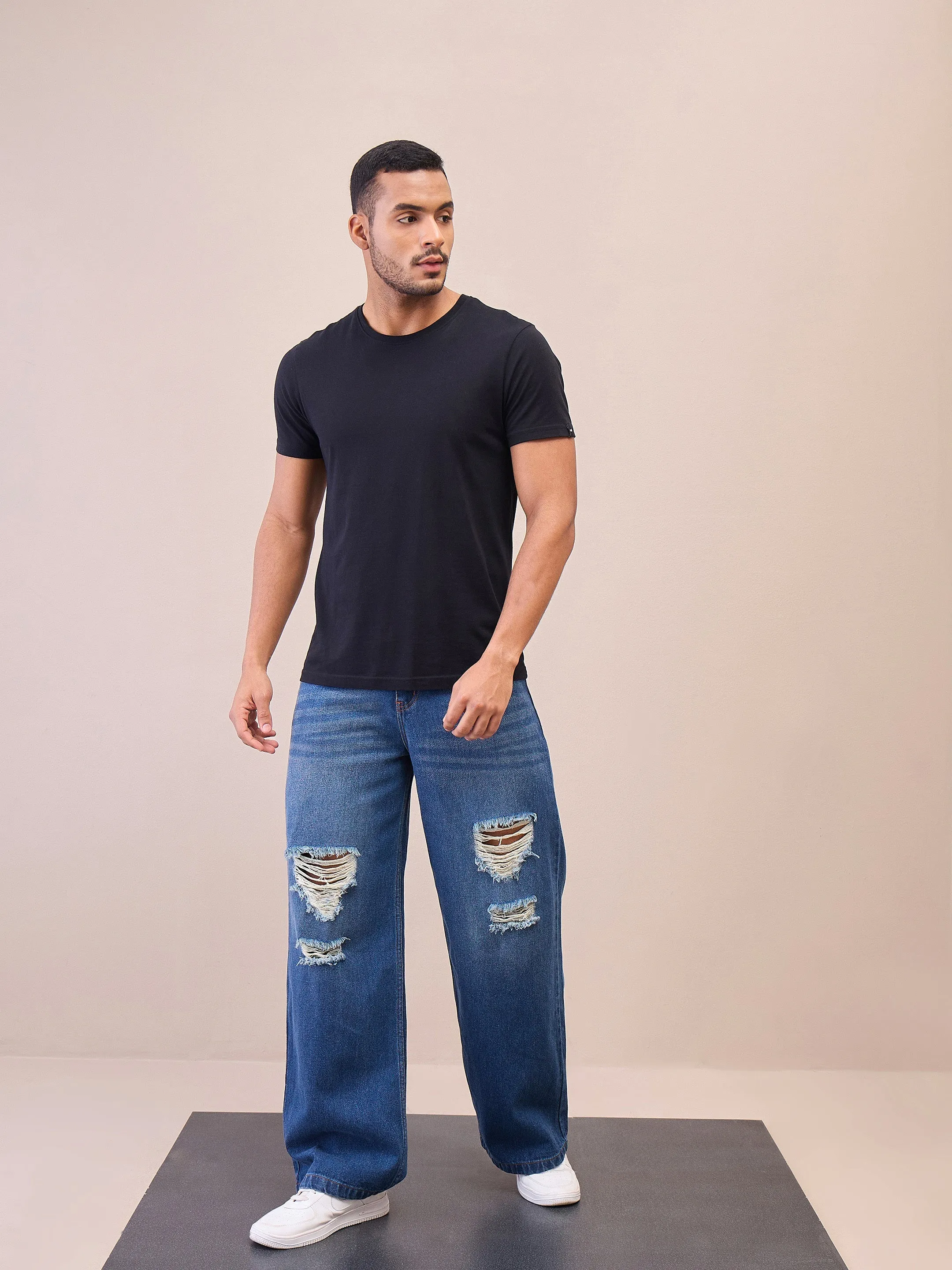 Men Blue Washed Front Distressed Wide Leg Jeans