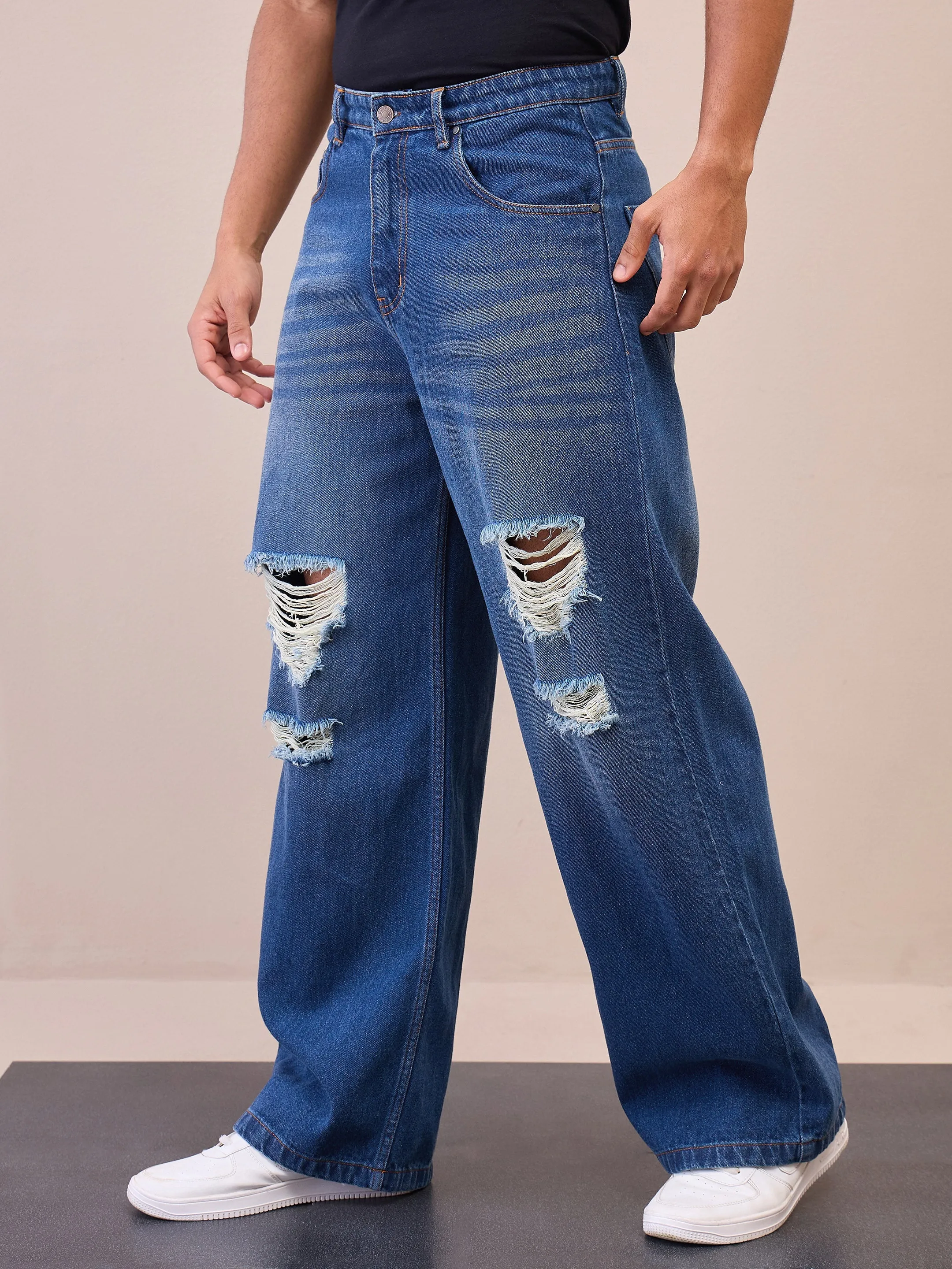 Men Blue Washed Front Distressed Wide Leg Jeans