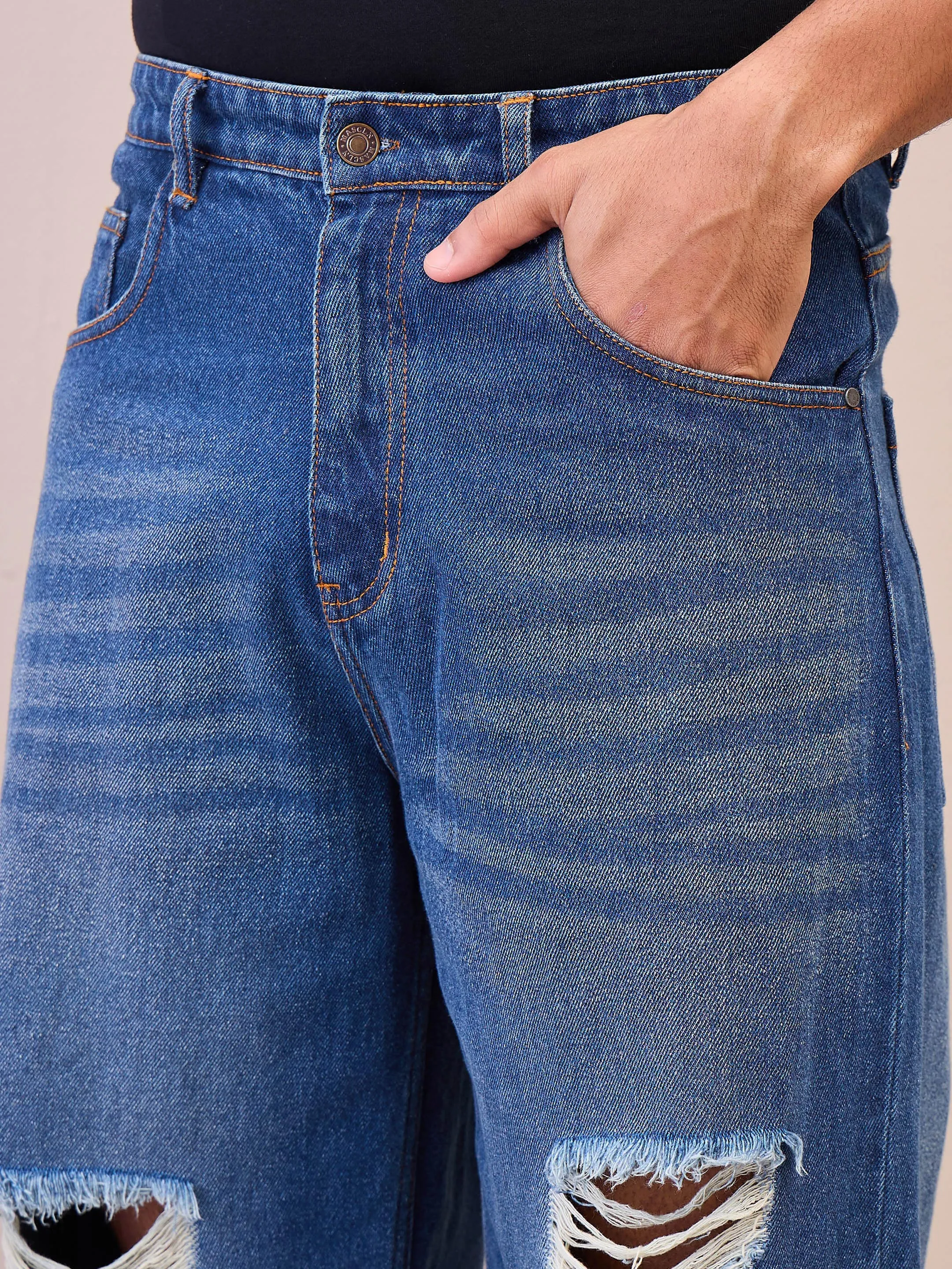 Men Blue Washed Front Distressed Wide Leg Jeans