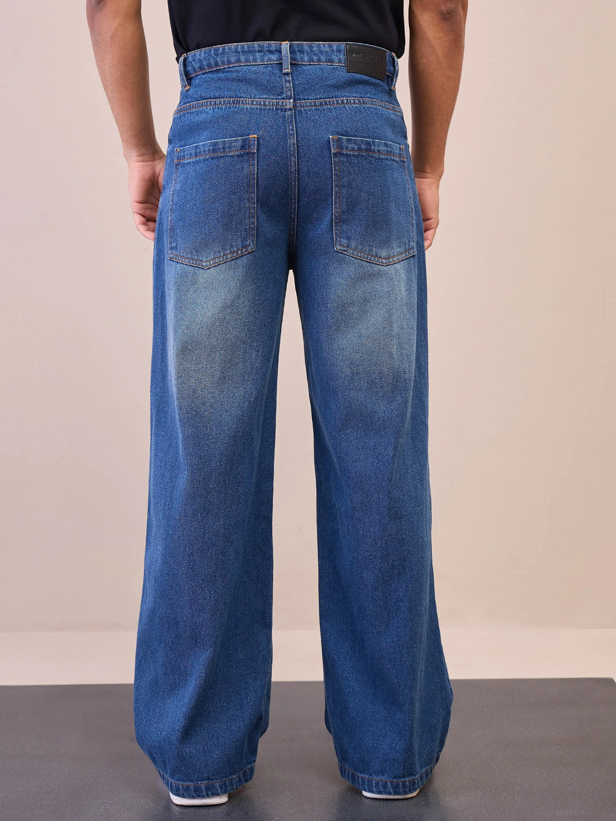 Men Blue Washed Front Distressed Wide Leg Jeans