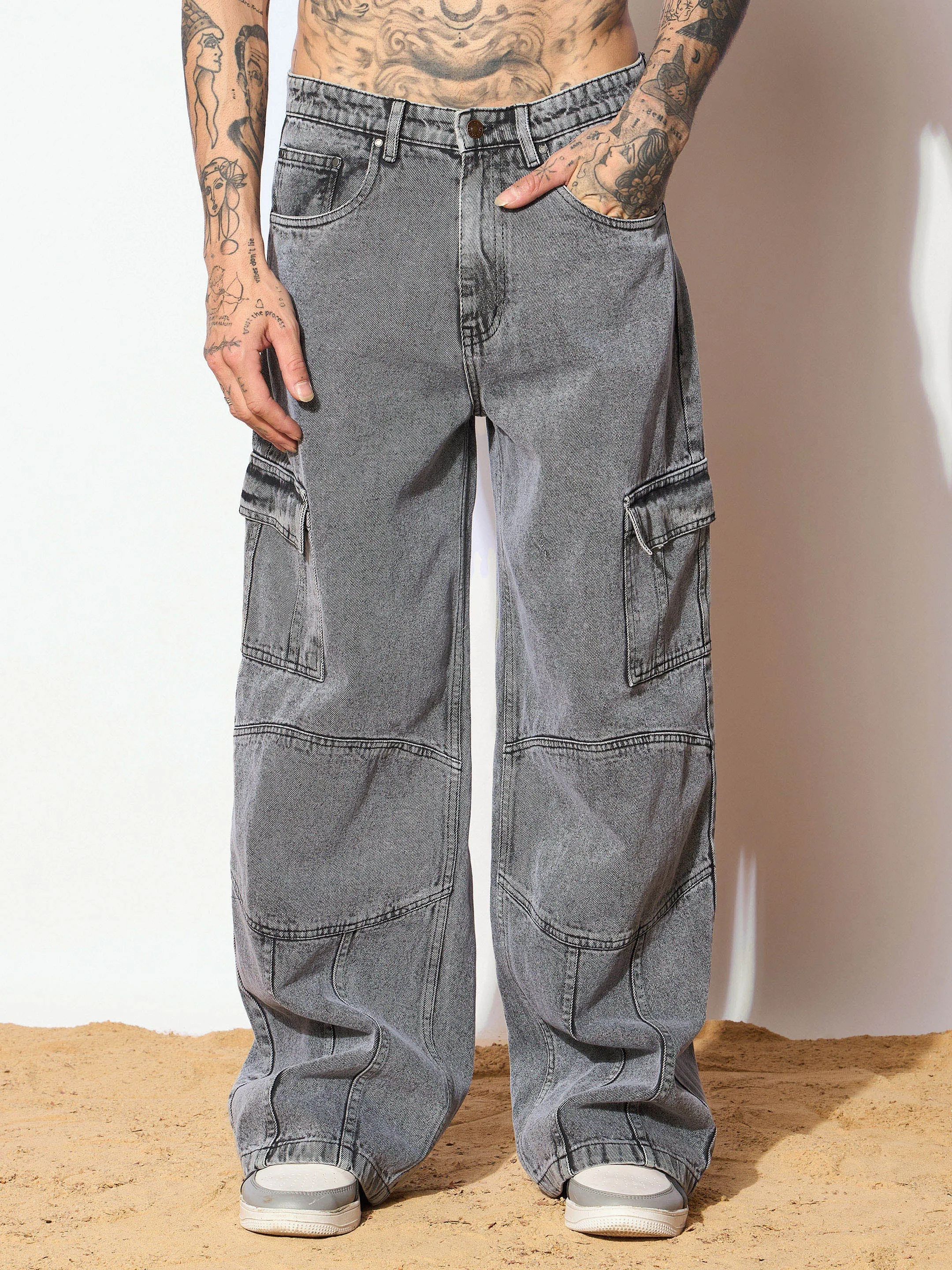 Men Grey Front Detail Wide Leg Jeans