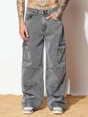 Men Grey Front Detail Wide Leg Jeans