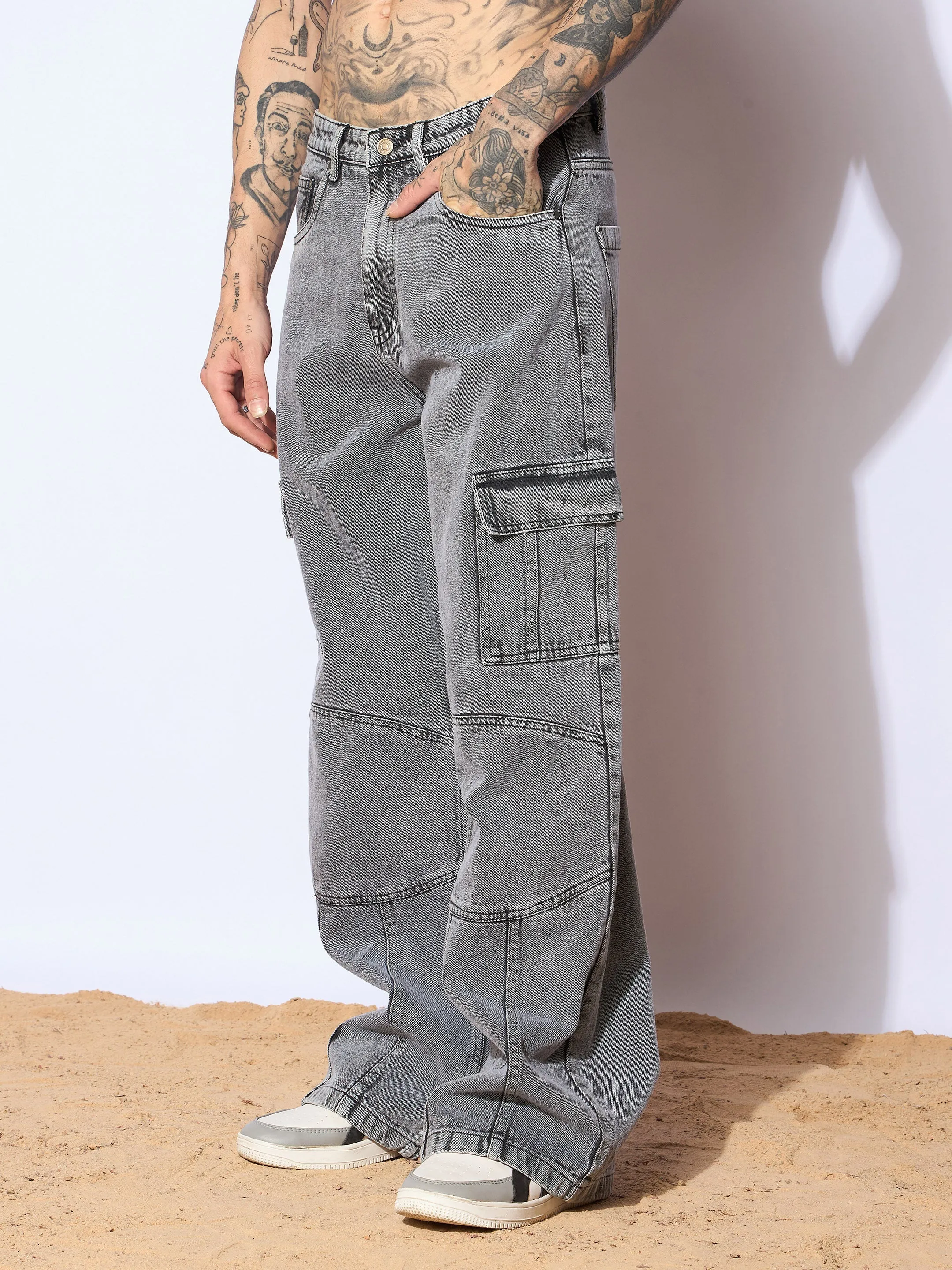 Men Grey Front Detail Wide Leg Jeans