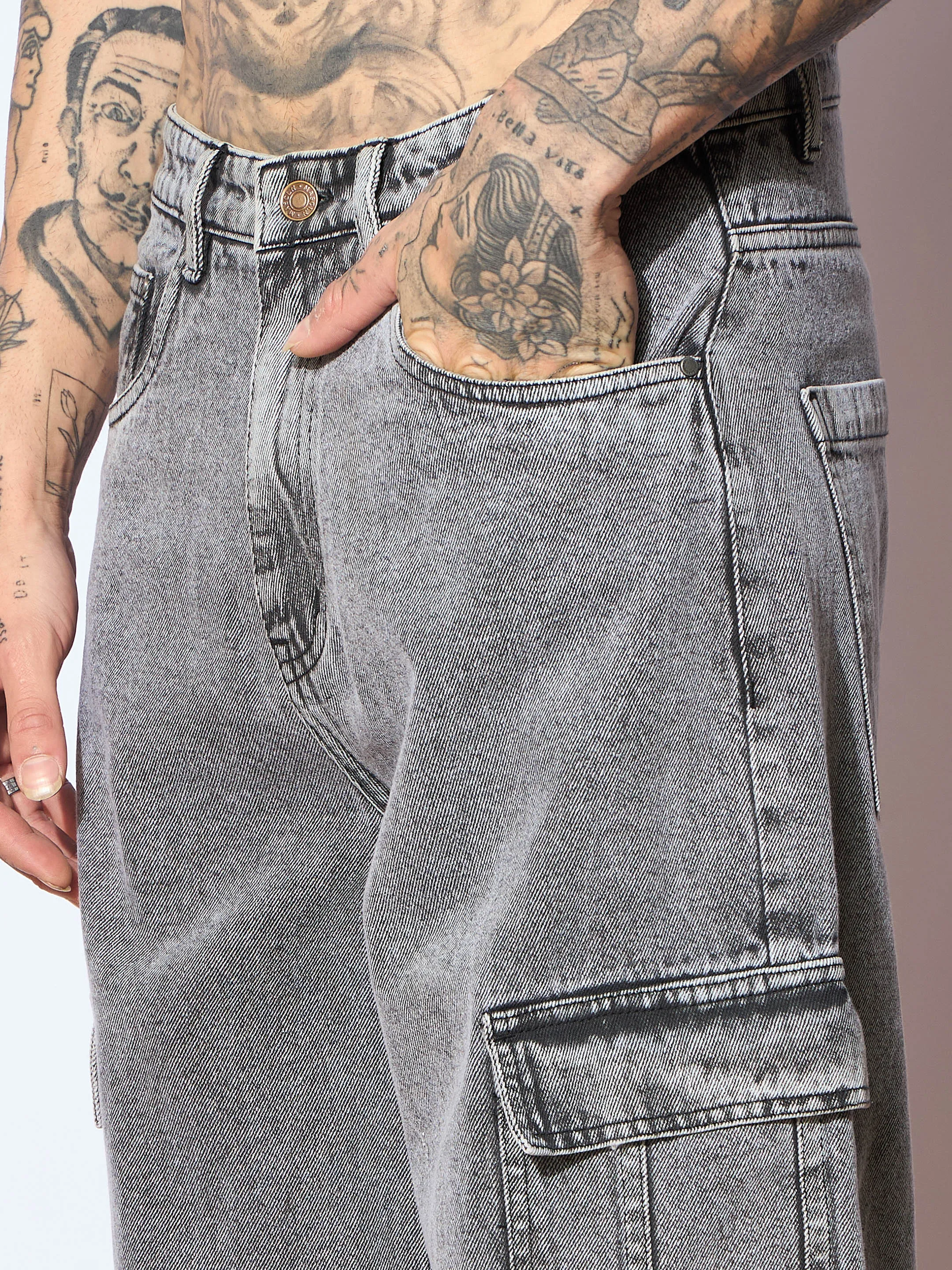 Men Grey Front Detail Wide Leg Jeans