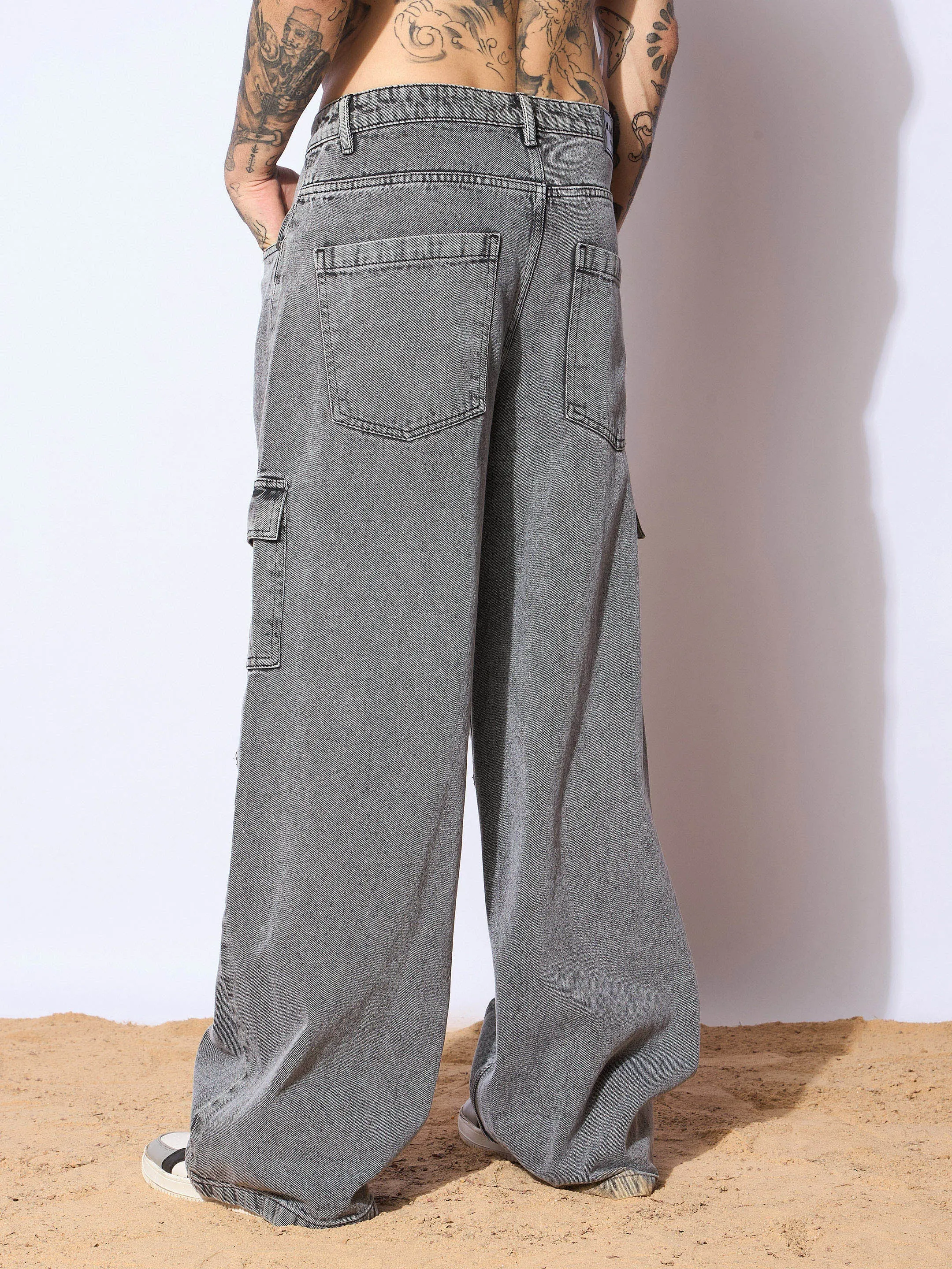 Men Grey Front Detail Wide Leg Jeans