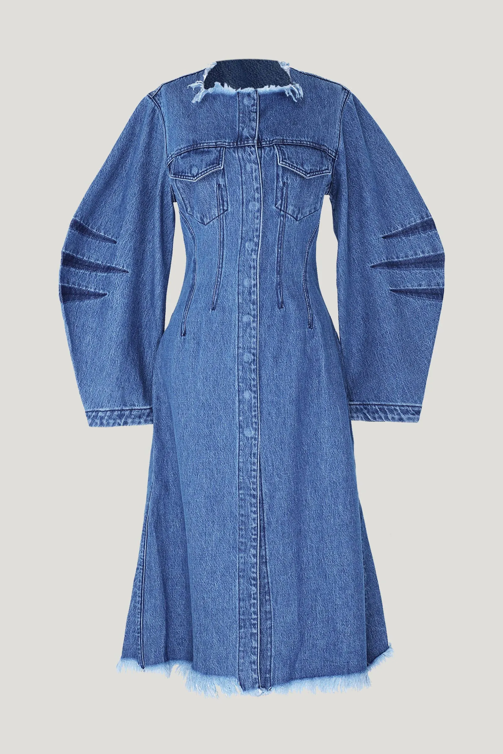 Mid Blue Denim Round Sleeve Fitted Coat