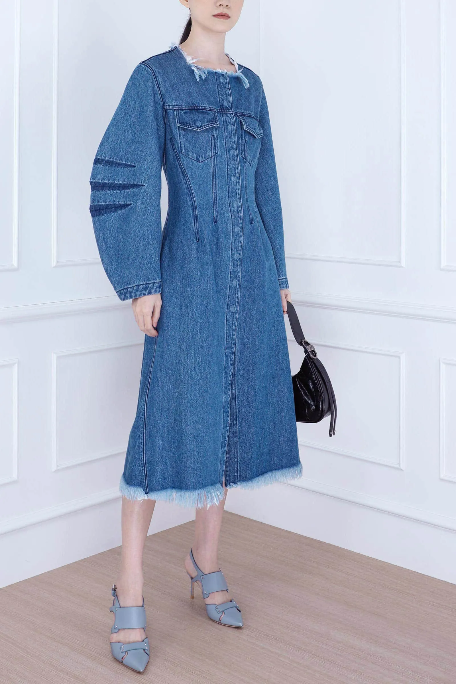 Mid Blue Denim Round Sleeve Fitted Coat