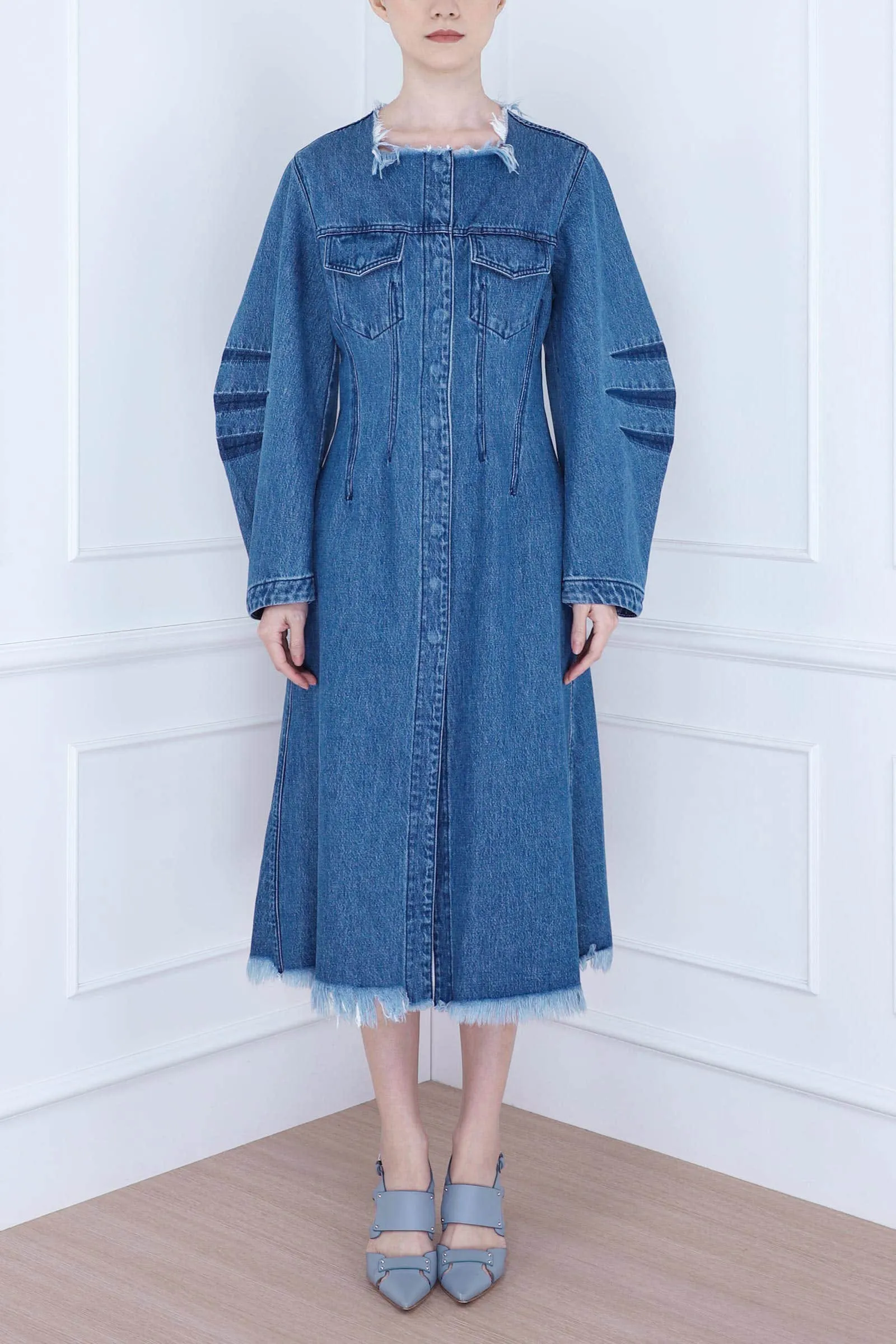 Mid Blue Denim Round Sleeve Fitted Coat