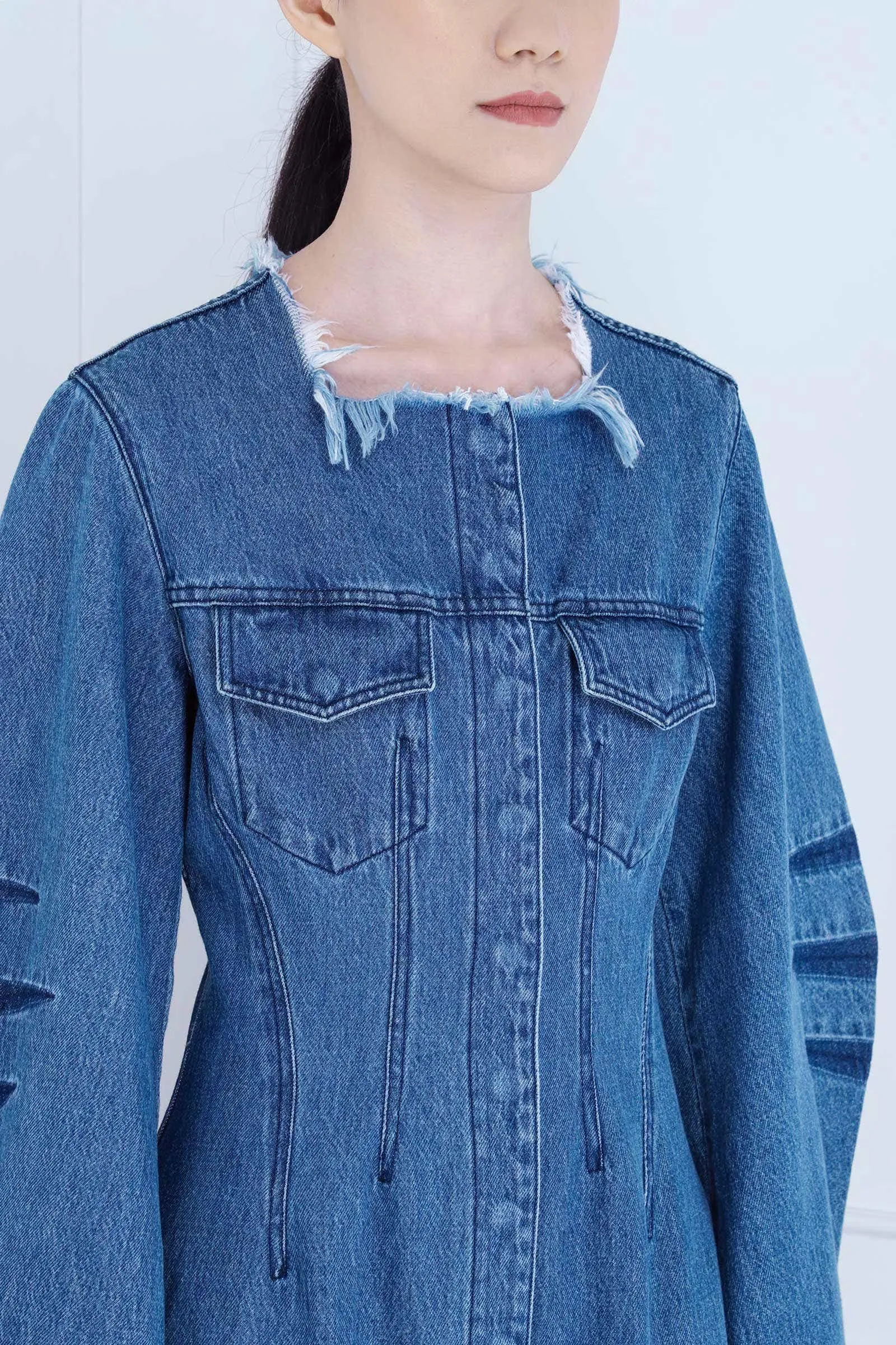 Mid Blue Denim Round Sleeve Fitted Coat