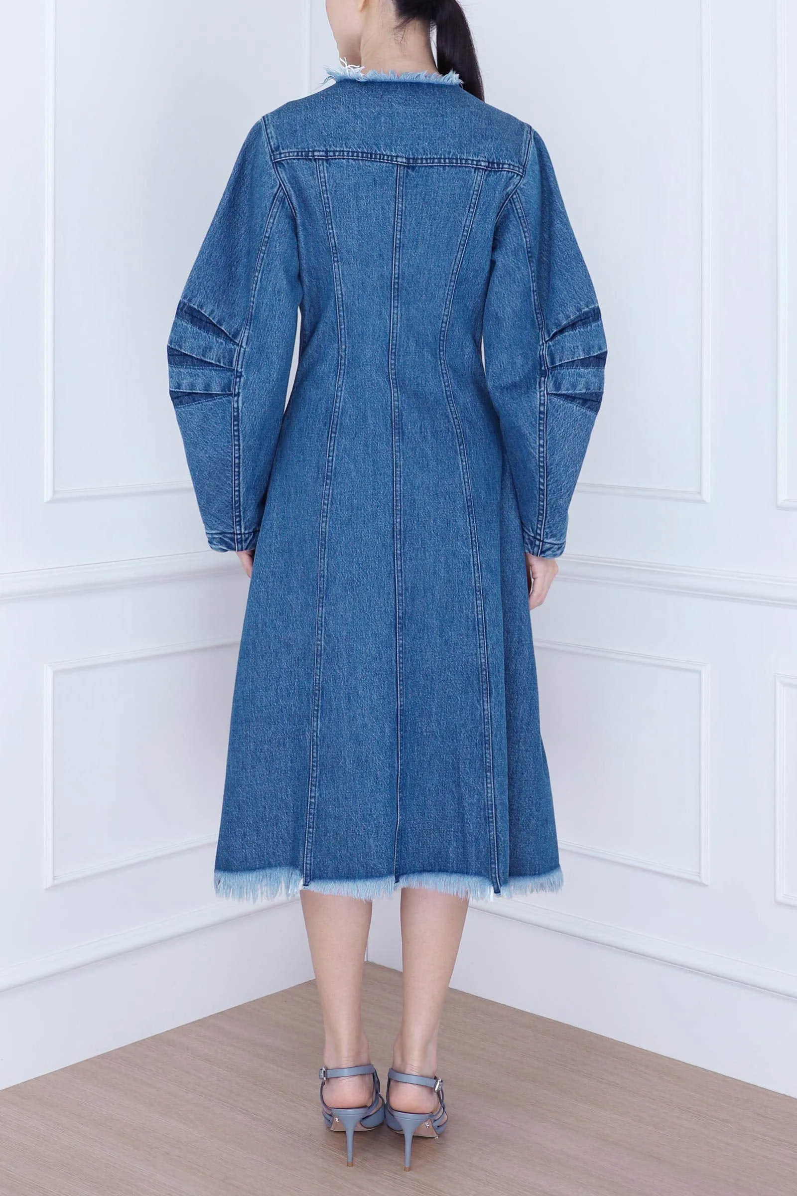 Mid Blue Denim Round Sleeve Fitted Coat