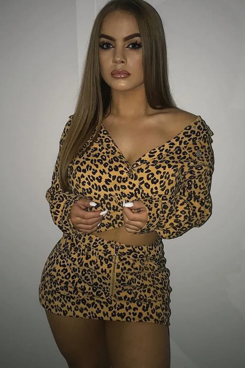 Mustard Leopard Crop Trucker Jacket And Skirt Co-ord - Adalay