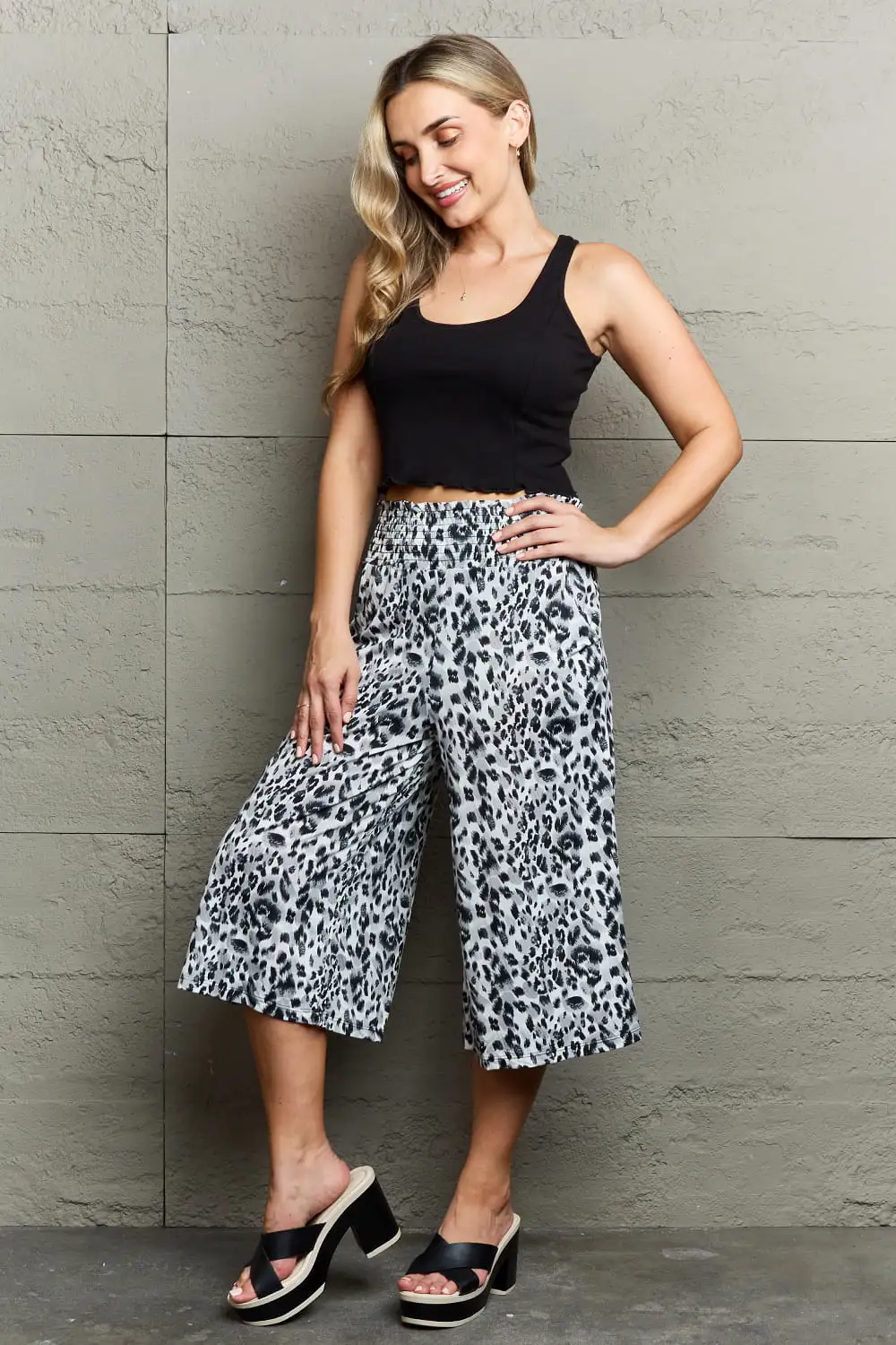 Ninexis Leopard High Waist Flowy Wide Leg Pants with Pockets