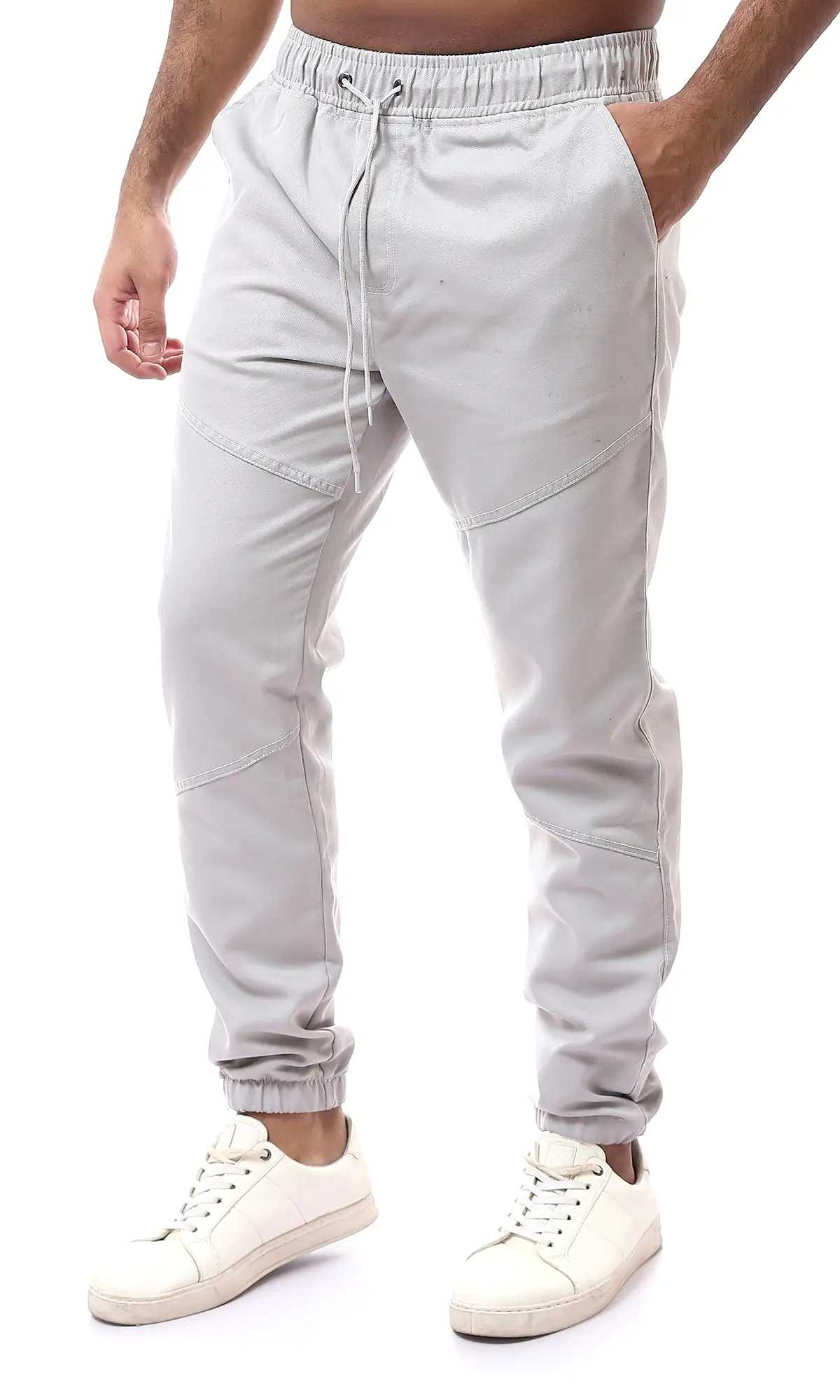 O170528 Elastic Waist With Drawstring Light Grey Jogger Pants